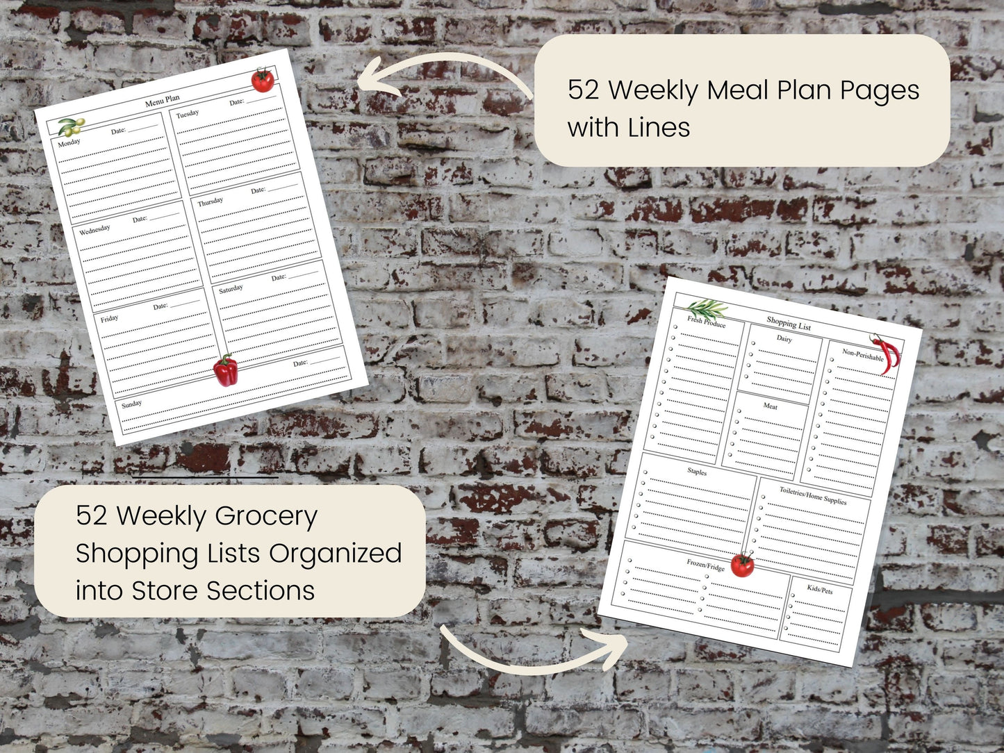 Printable Weekly Meal Planner, Digital Meal Planning, Meal Planning, Meal Plan with Grocery List and recipe pages