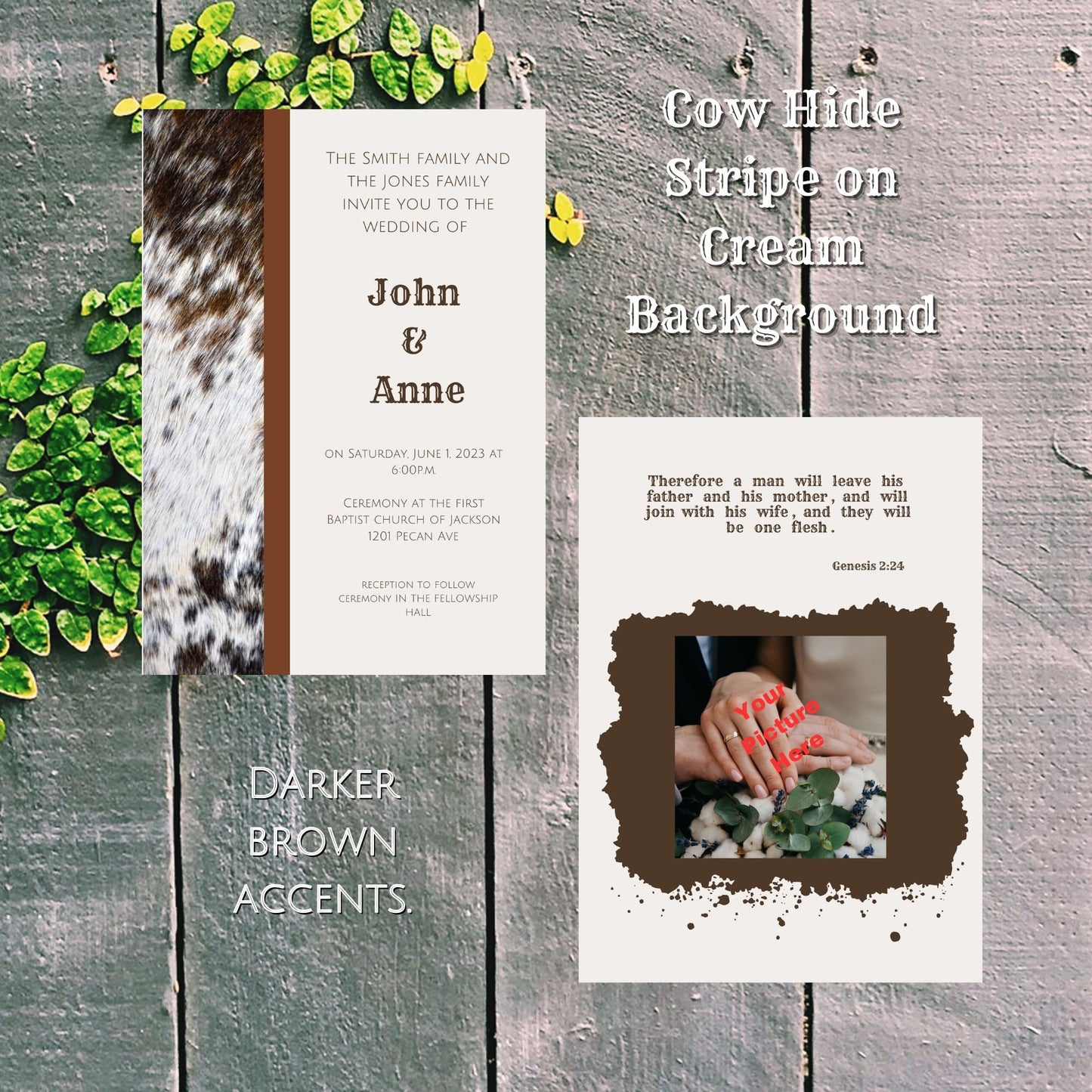 Rustic Cowhide Accents Digital Wedding Invitation | Double-Sided & Photo Slot