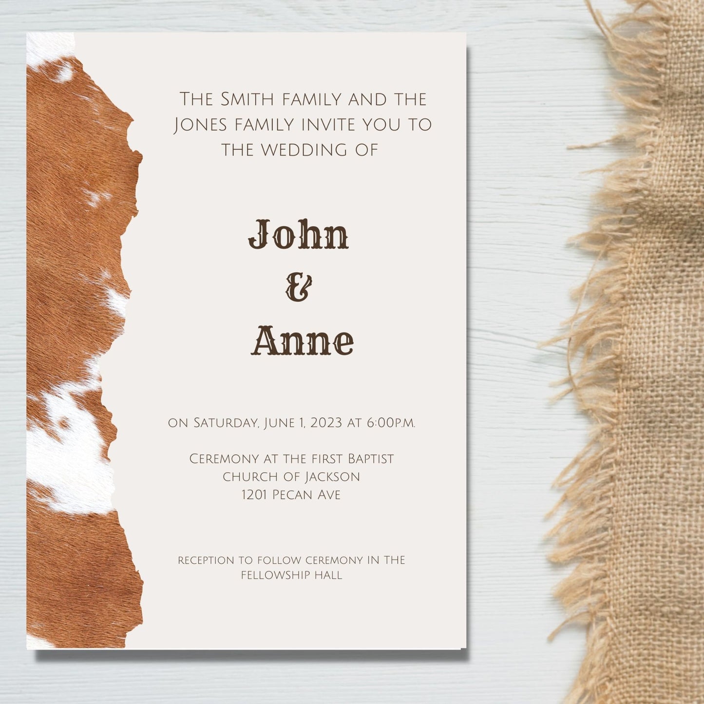 Rustic Cowhide Accents Digital Wedding Invitation | Double-Sided & Photo Slot