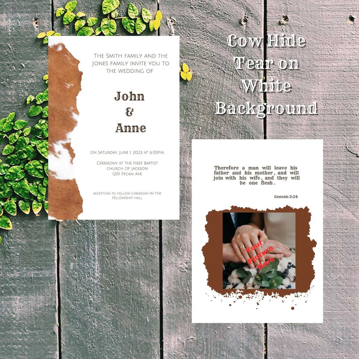 Rustic Cowhide Accents Digital Wedding Invitation | Double-Sided & Photo Slot