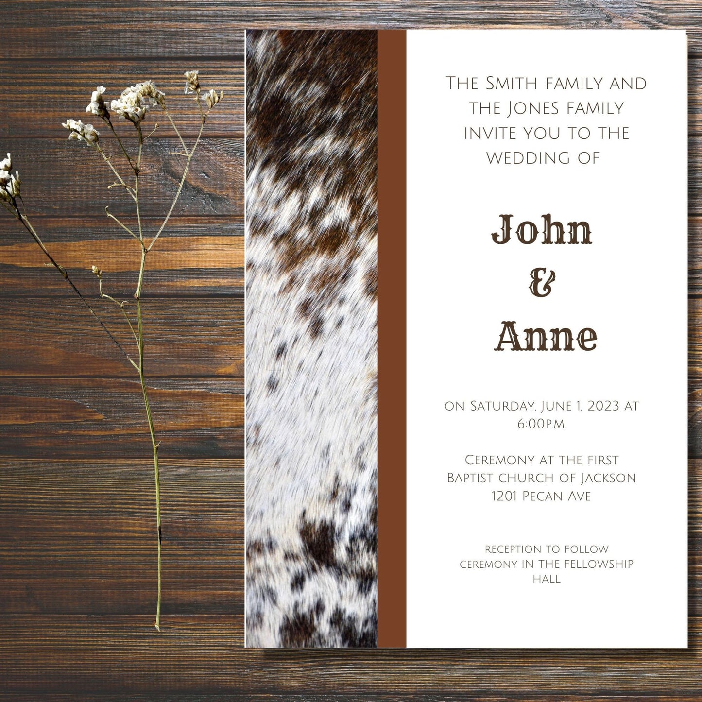 Rustic Cowhide Accents Digital Wedding Invitation | Double-Sided & Photo Slot