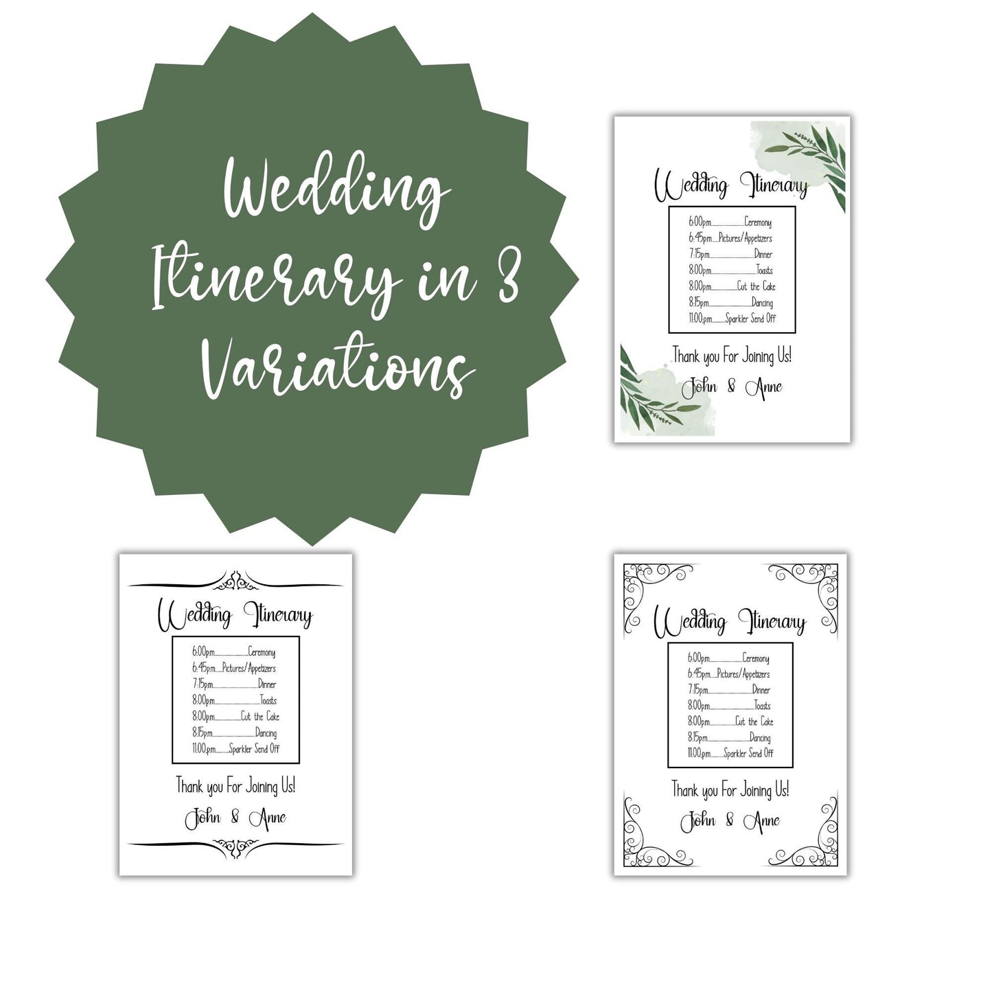 Personalized Minimalist Vintage Wedding Itinerary Template, Wedding Itinerary Template Bundle,  Wedding Program Template