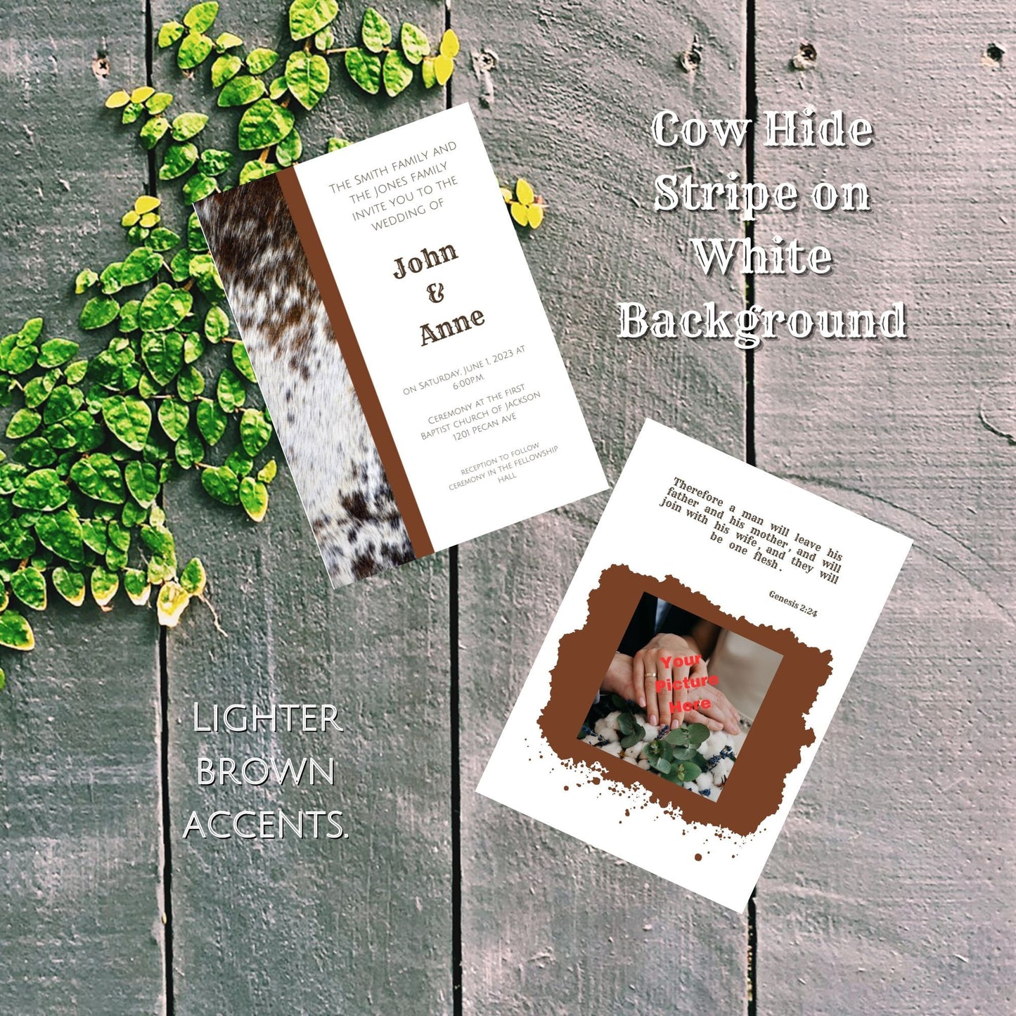 Rustic Cowhide Accents Digital Wedding Invitation | Double-Sided & Photo Slot