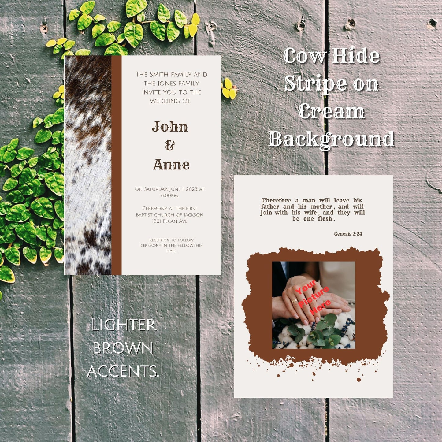 Rustic Cowhide Accents Digital Wedding Invitation | Double-Sided & Photo Slot