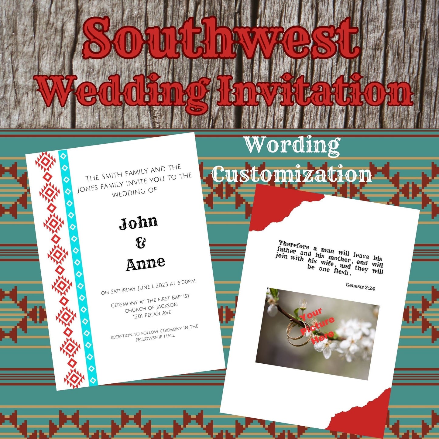 Personalized Rustic Double Sided Wedding Invitation, Southwestern Customizable Wedding Invitation, Electronic Photo Wedding Template