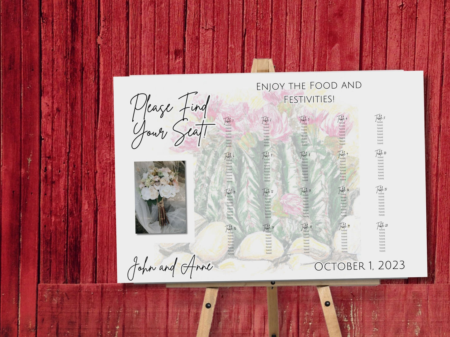 Rustic Cactus Wedding Reception Seating Chart Sign, Beautiful Desert Cactus Wedding Table Seating Sign