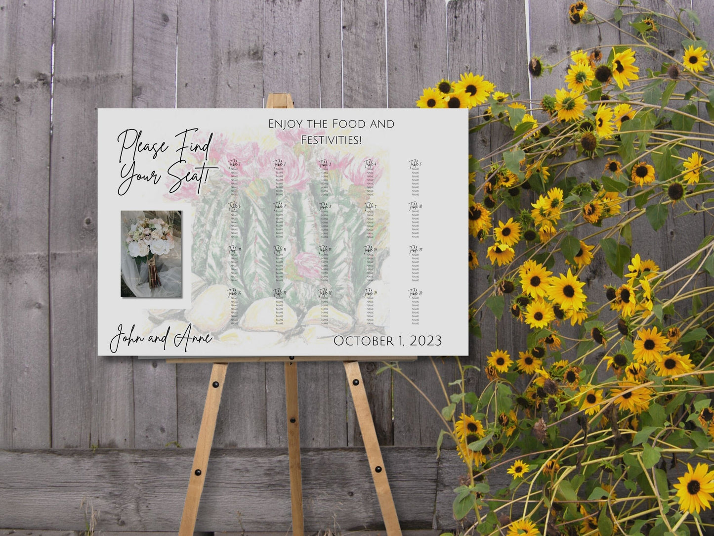 Rustic Cactus Wedding Reception Seating Chart Sign, Beautiful Desert Cactus Wedding Table Seating Sign