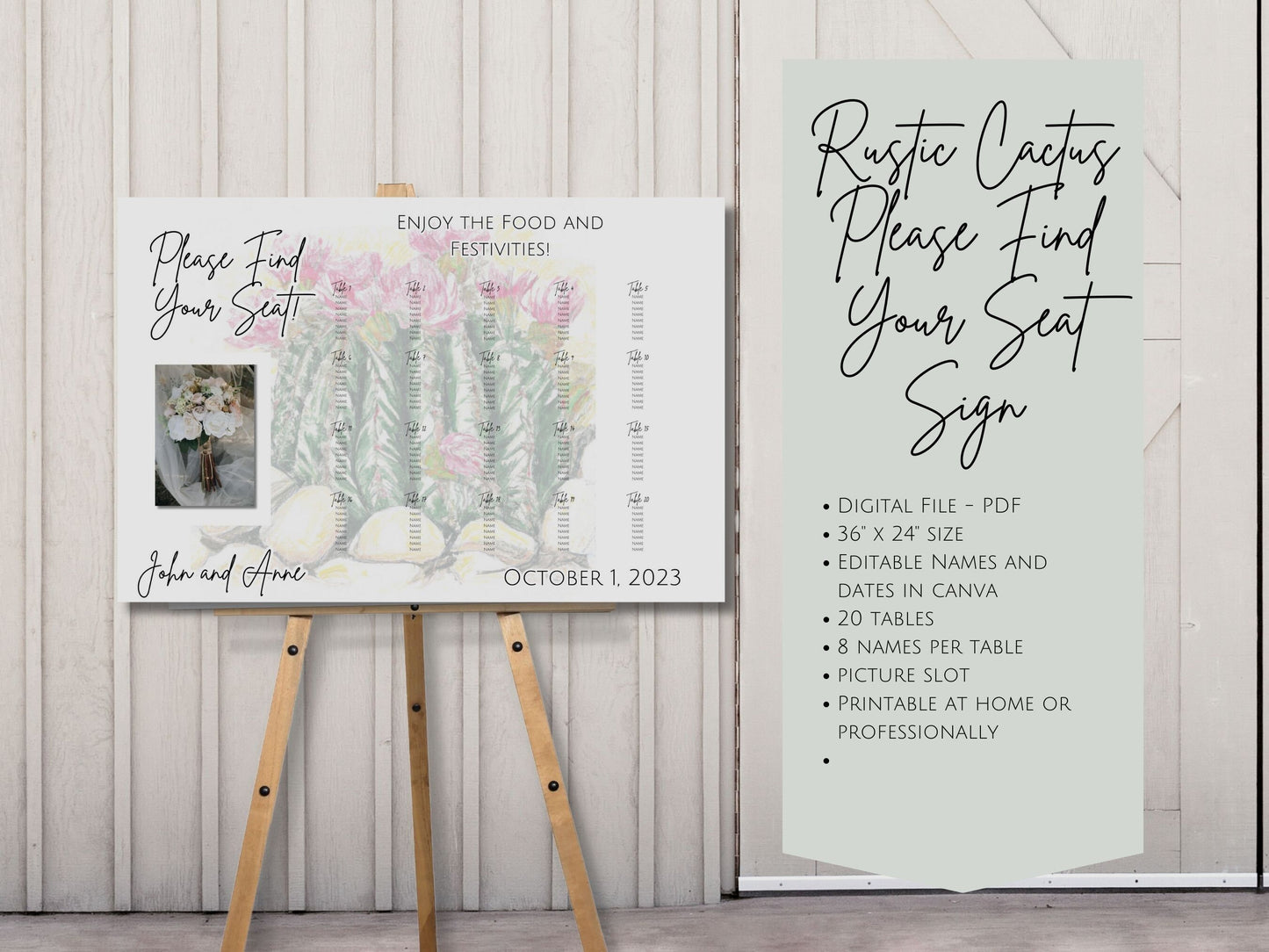 Rustic Cactus Wedding Reception Seating Chart Sign, Beautiful Desert Cactus Wedding Table Seating Sign