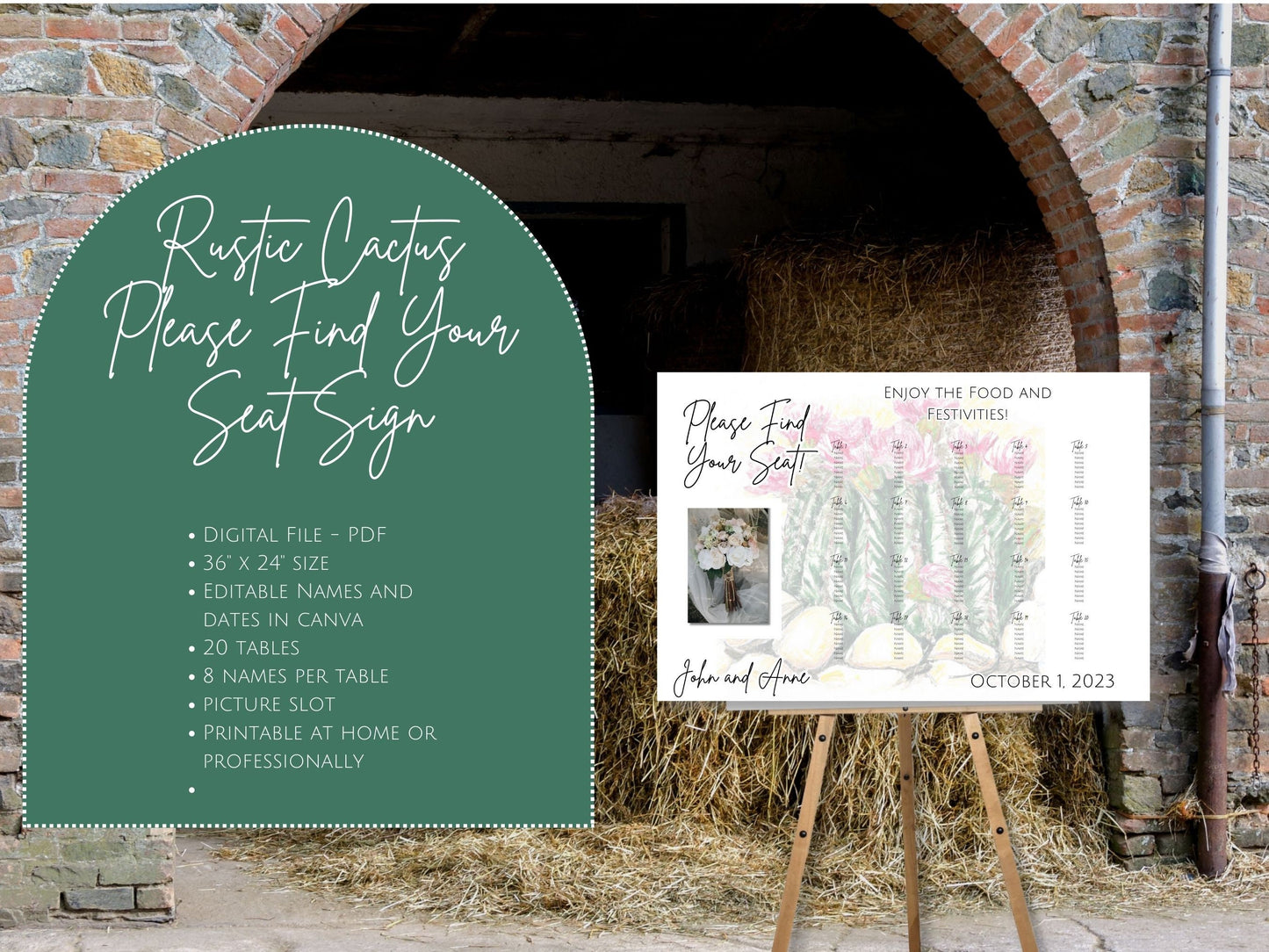 Rustic Cactus Wedding Reception Seating Chart Sign, Beautiful Desert Cactus Wedding Table Seating Sign