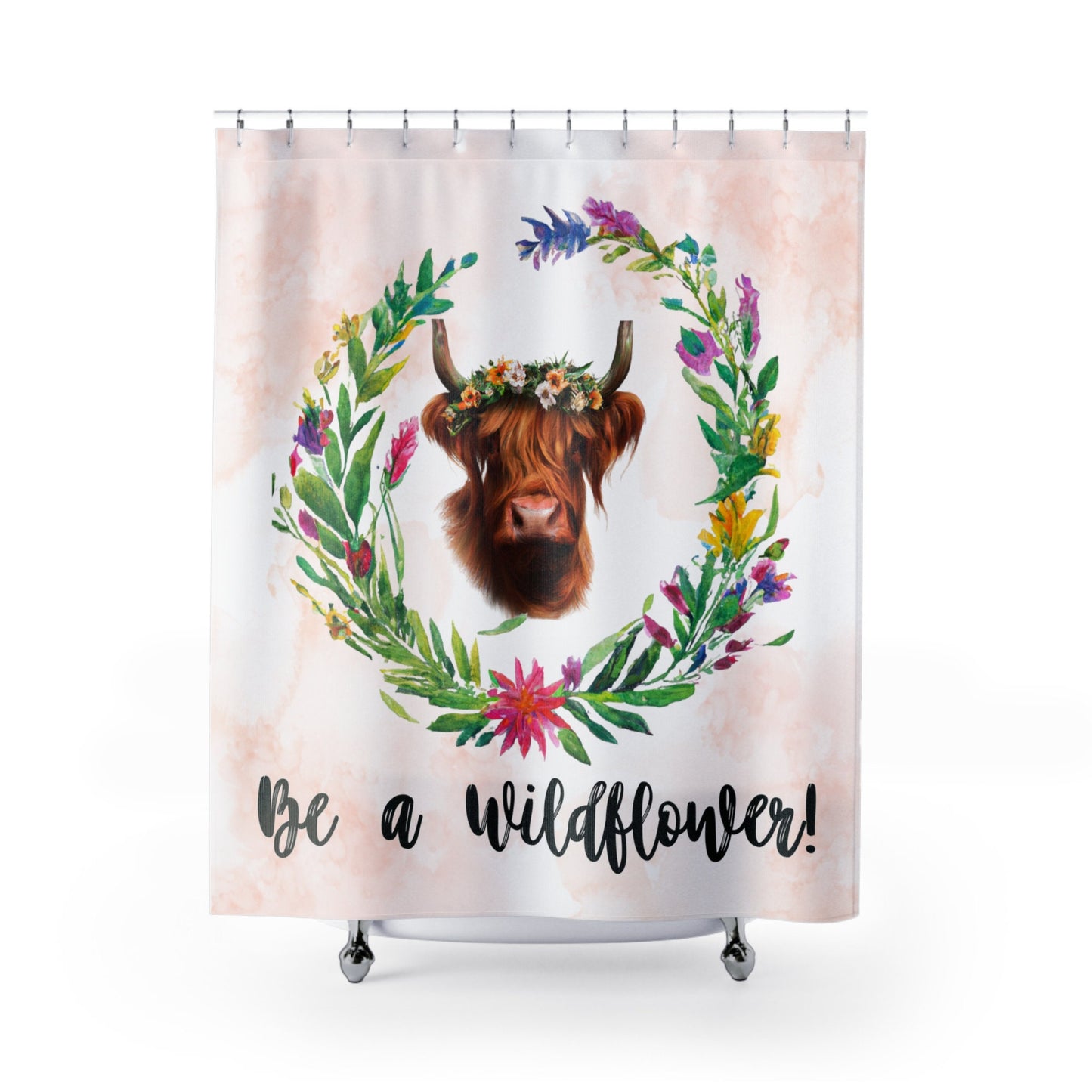 Scenic Highland Cow Shower Curtain with Blooming Wildflowers - Nature Inspired Bathroom Art