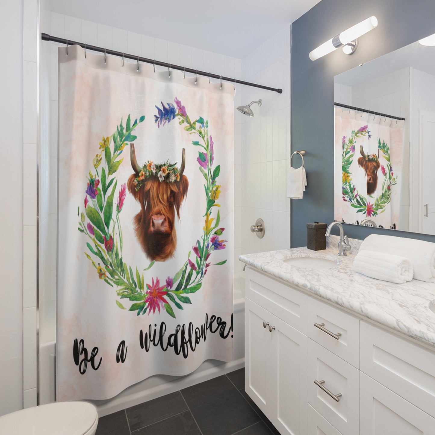 Scenic Highland Cow Shower Curtain with Blooming Wildflowers - Nature Inspired Bathroom Art