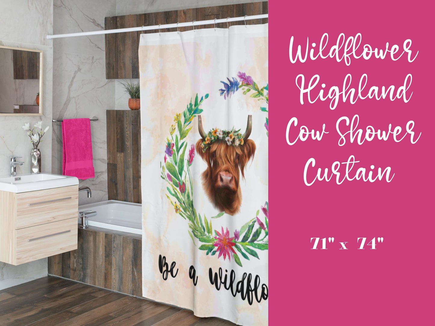 Scenic Highland Cow Shower Curtain with Blooming Wildflowers - Nature Inspired Bathroom Art