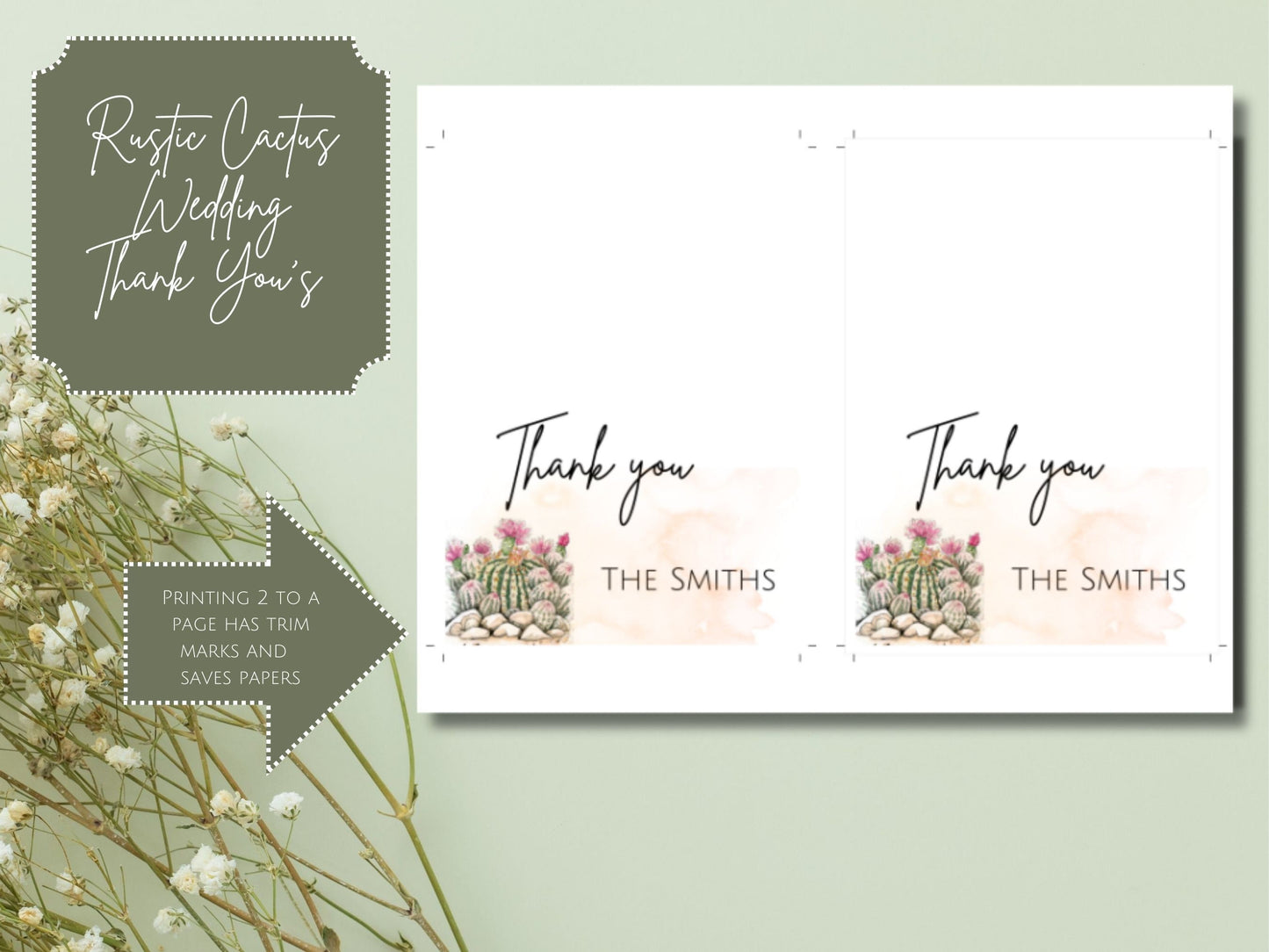 Rustic Cactus Wedding Thank Cards, Beautiful Desert Cactus Wedding Thank You Card, Wedding Thank You Card template