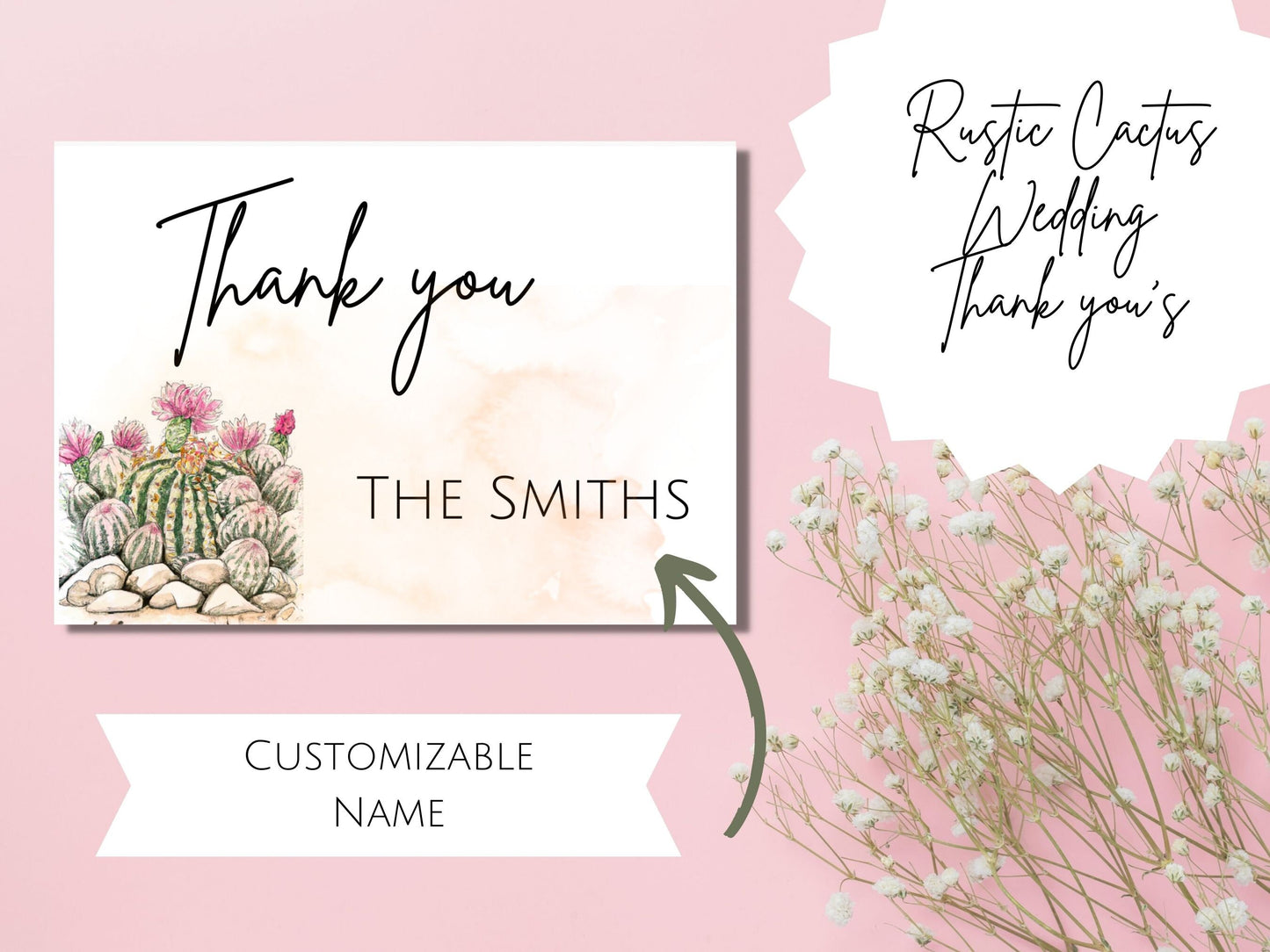 Rustic Cactus Wedding Thank Cards, Beautiful Desert Cactus Wedding Thank You Card, Wedding Thank You Card template