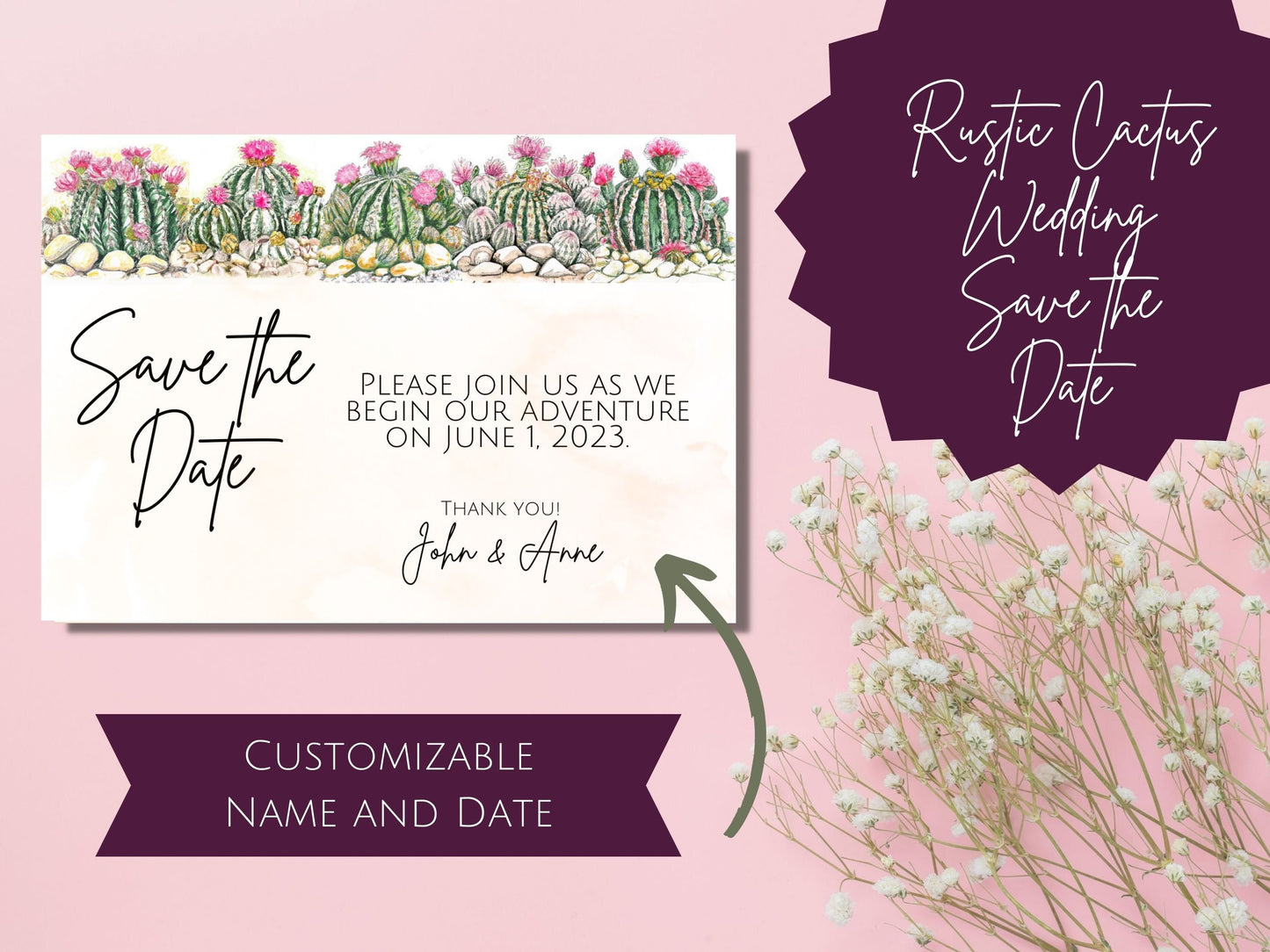 Rustic Cactus Wedding Paper Suite- of Invitations, Signs, Table Numbers, Seating Chart, Itinerary, Save the Dates, RSVP, and Thank You Cards