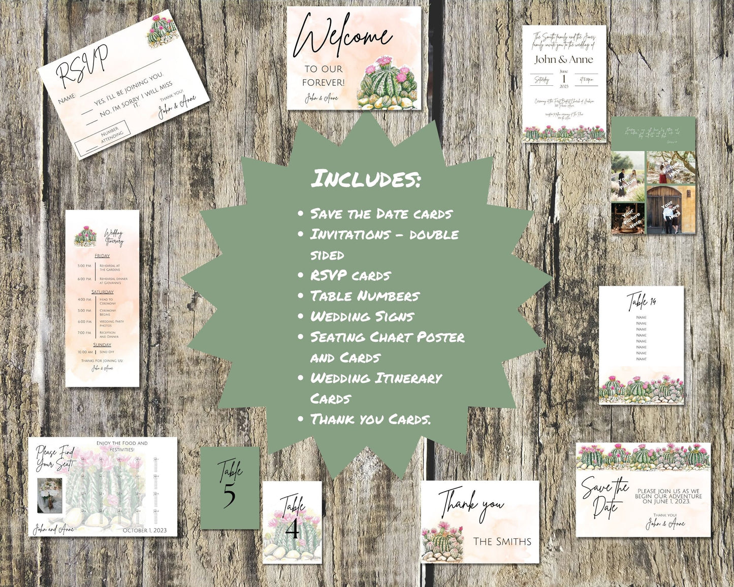 Rustic Cactus Wedding Paper Bundle - Invitations, Signs, Table Numbers, Seating Chart, Itinerary, Save the Dates, RSVP, and Thank You Cards