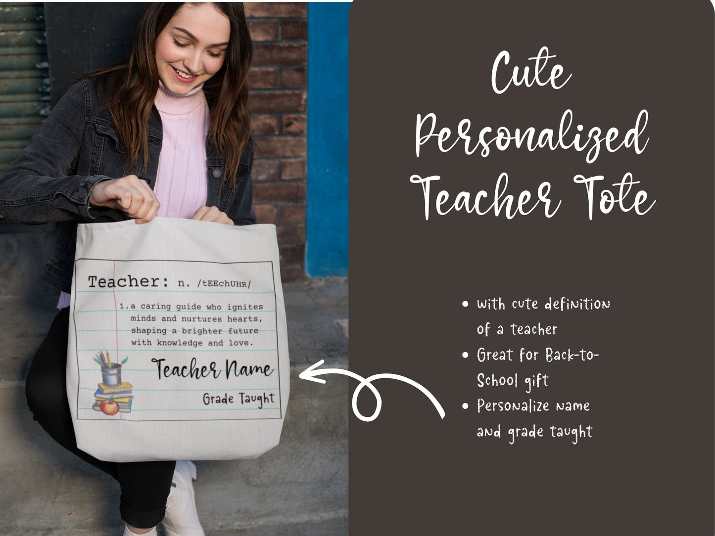 Custom Canvas Tote for Teacher Tote Bag - White Canvas with Teacher Name and Grade Taught
