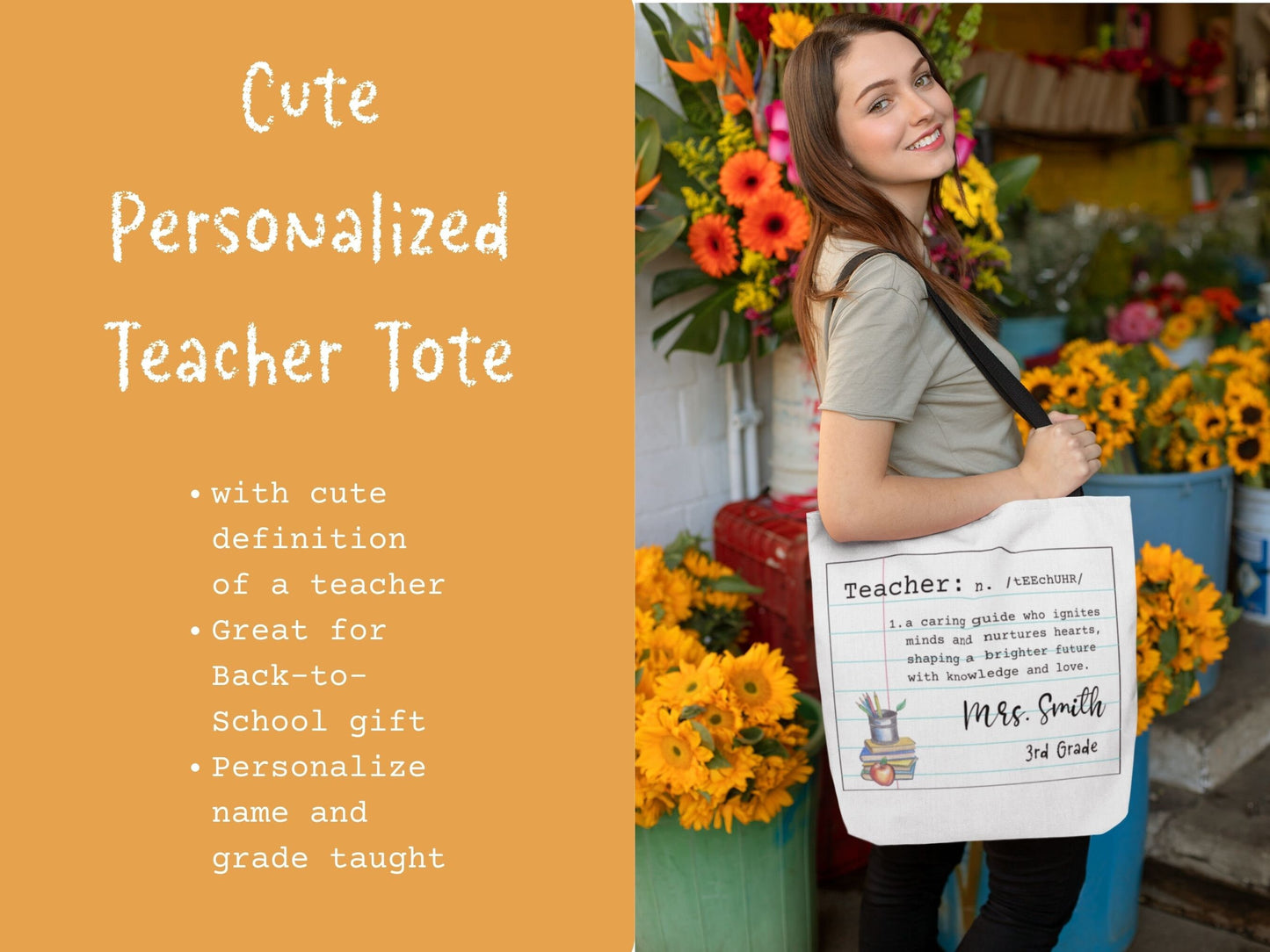 Editable Teacher Tote Bag - White Canvas with Teacher Name and Grade Taught, Custom Canvas Tote