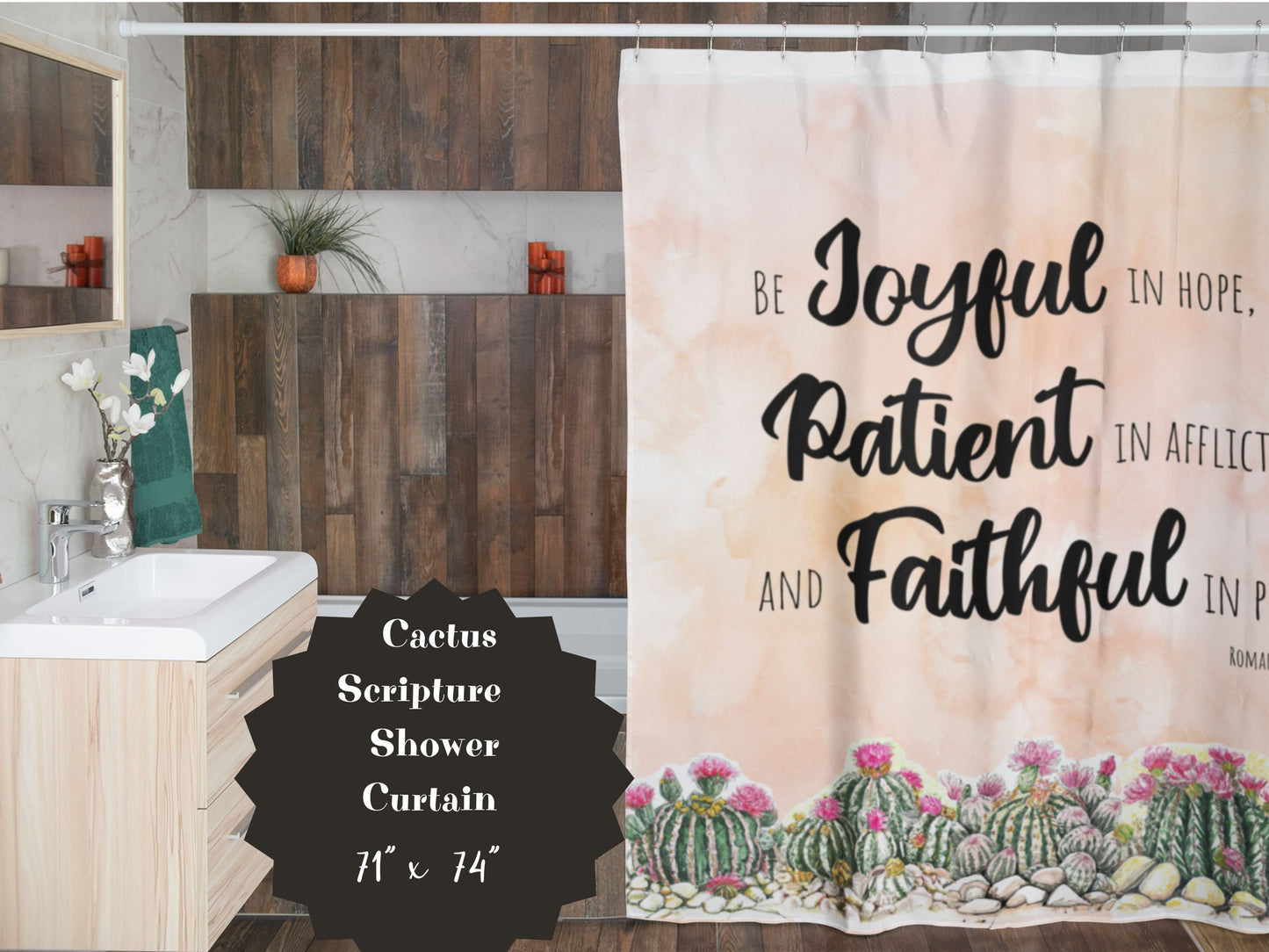 Shabby Chic Cactus Shower Curtain, Be Joyful Cactus Shower Curtains, Bible Shower Curtain