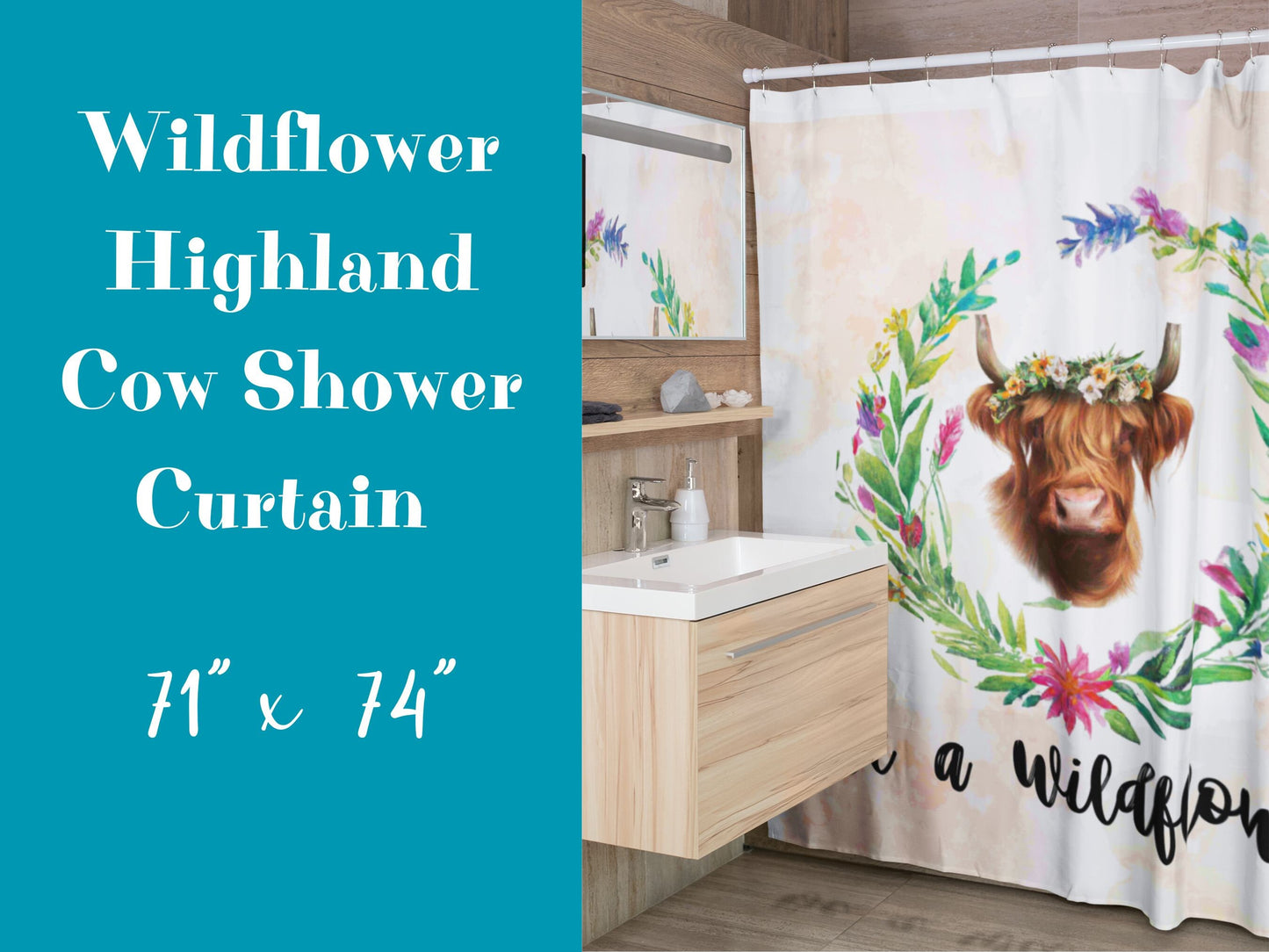 Scenic Highland Cow Shower Curtain with Blooming Wildflowers - Nature Inspired Bathroom Art