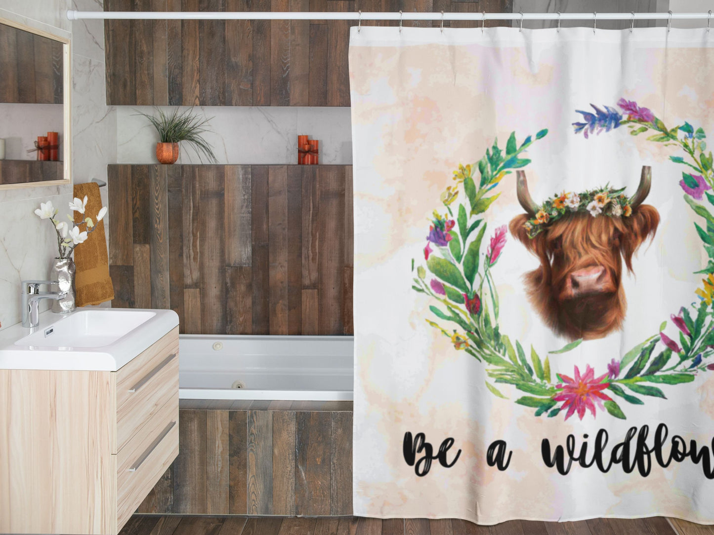 Scenic Highland Cow Shower Curtain with Blooming Wildflowers - Nature Inspired Bathroom Art