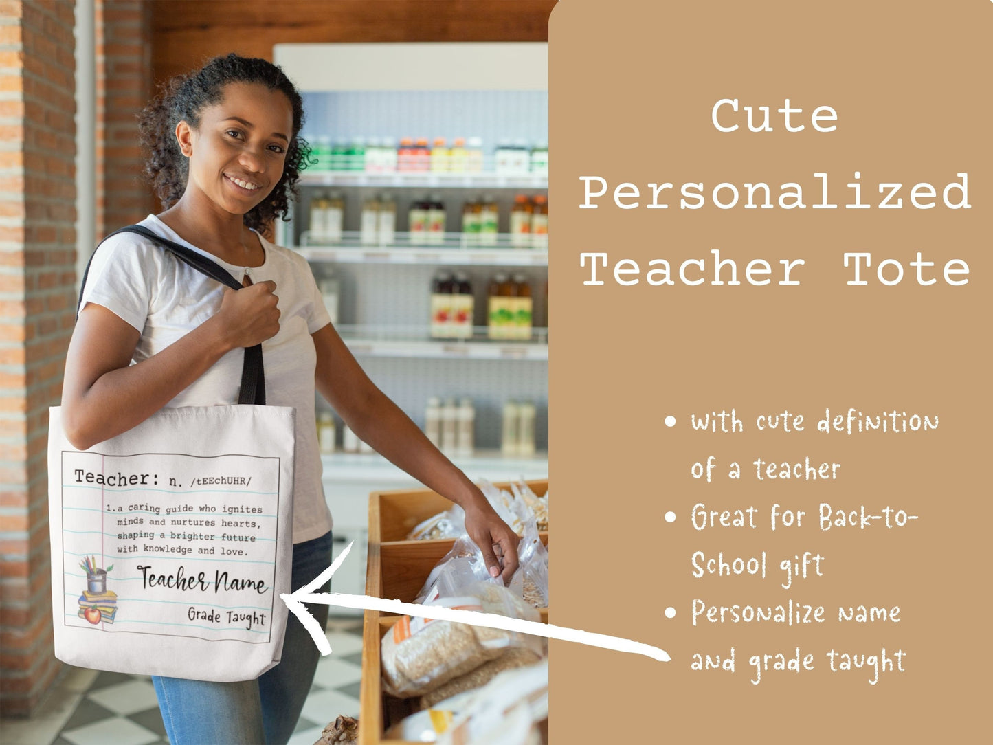 Custom Canvas Tote for Teacher Tote Bag - White Canvas with Teacher Name and Grade Taught
