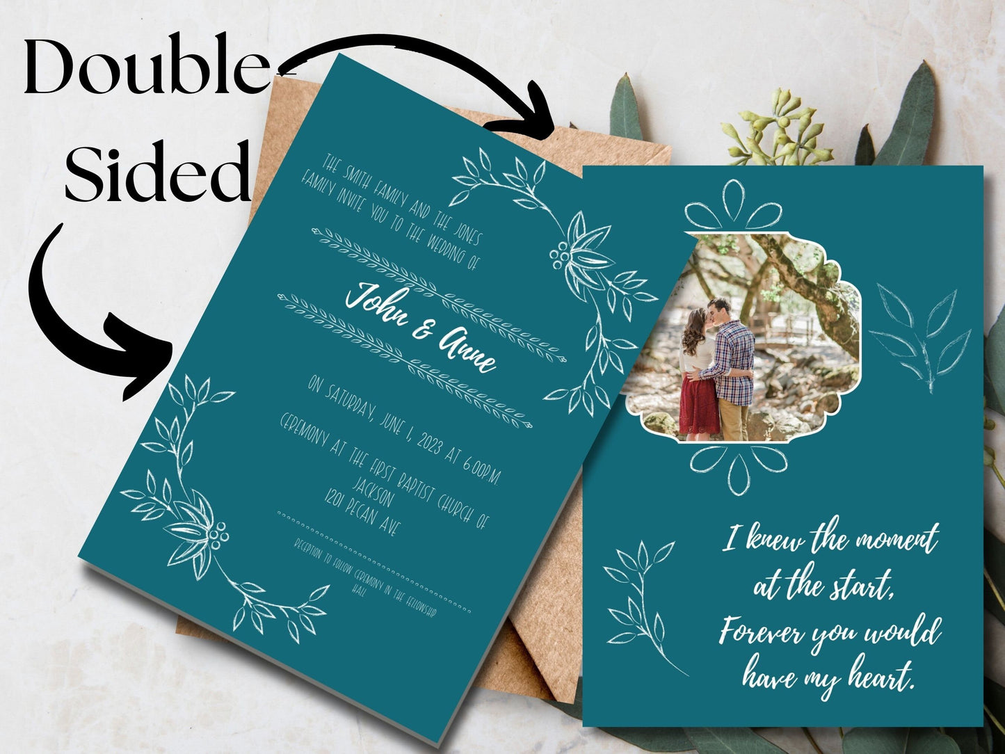 Personalized Fall Themed Wedding Invitation in Jewel Tone Teal with White Wording & Photo Slot