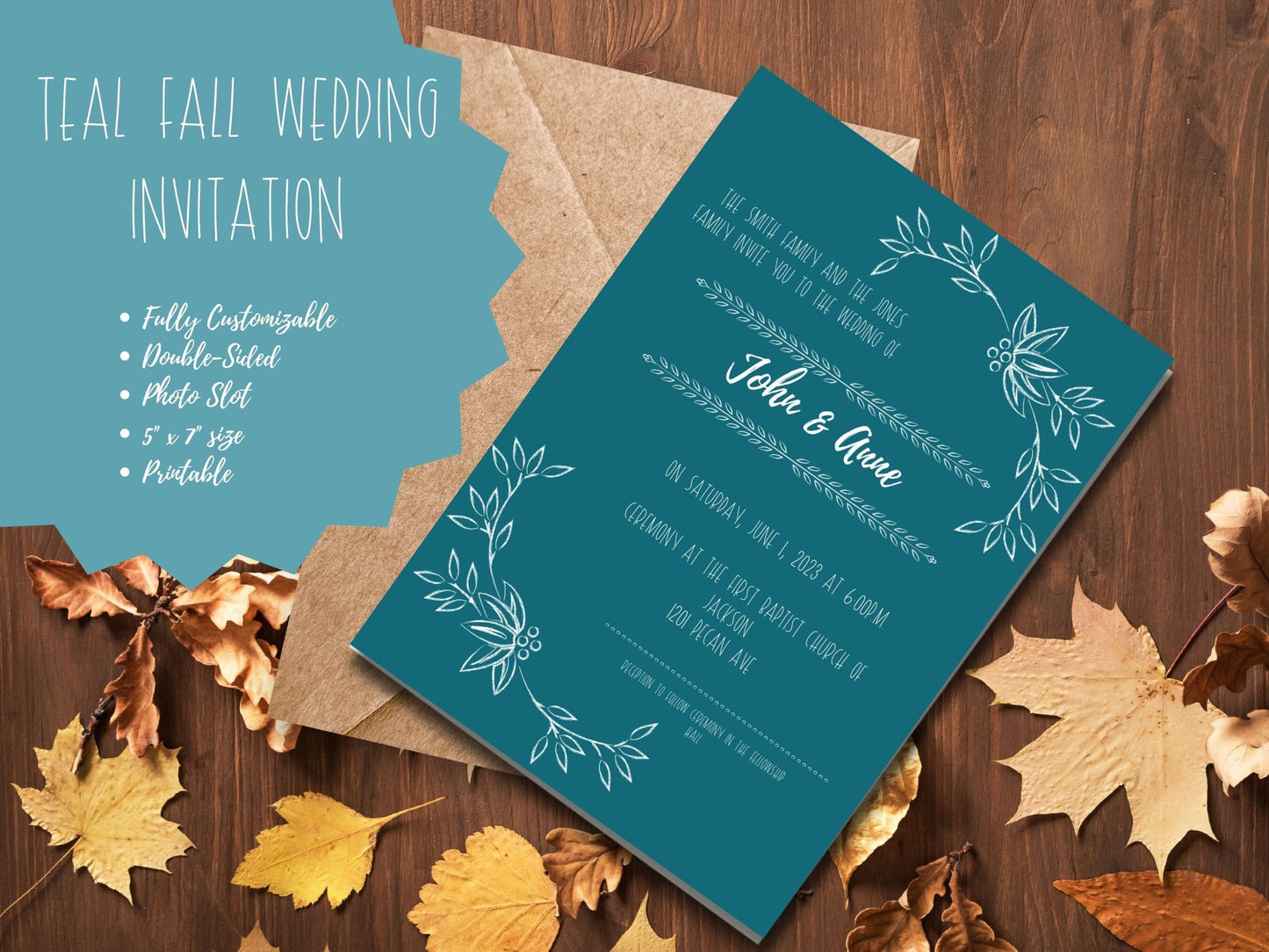 Personalized Fall Themed Wedding Invitation in Jewel Tone Teal with White Wording & Photo Slot