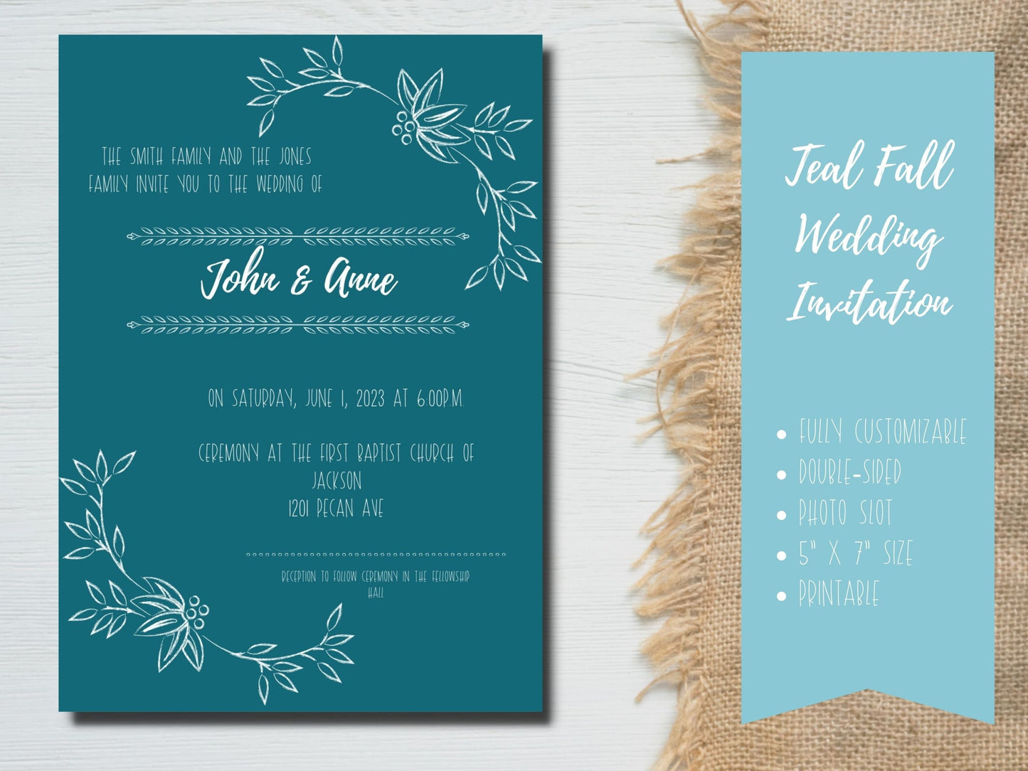 Personalized Fall Themed Wedding Invitation in Jewel Tone Teal with White Wording & Photo Slot