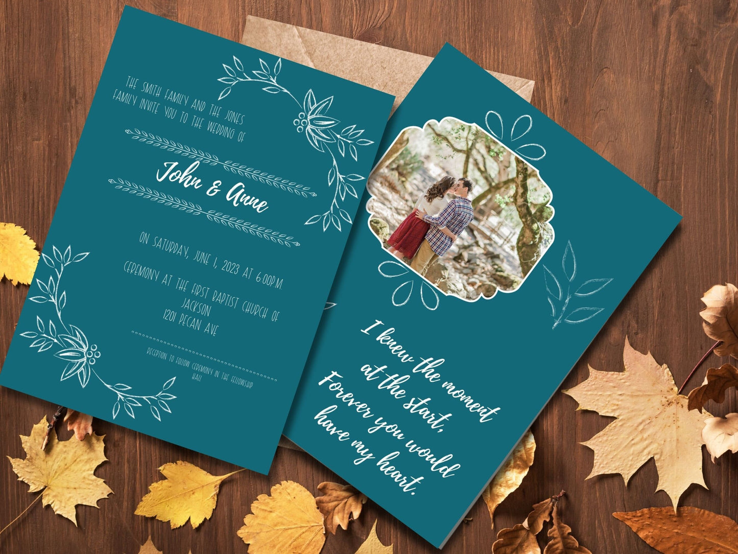 Personalized Fall Themed Wedding Invitation in Jewel Tone Teal with White Wording & Photo Slot