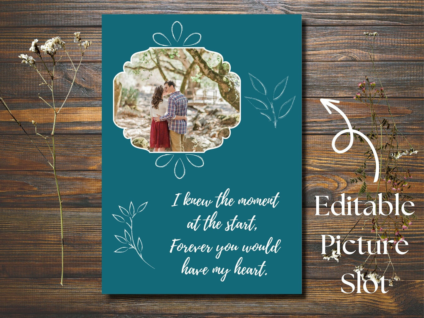 Personalized Fall Themed Wedding Invitation in Jewel Tone Teal with White Wording & Photo Slot