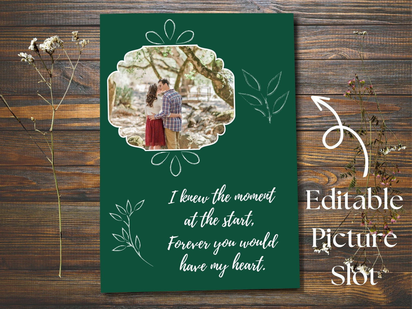 Customizable Wedding Invitation for Fall Themed Wedding | Jewel Tone Emerald with White Inscription and Photo Slot