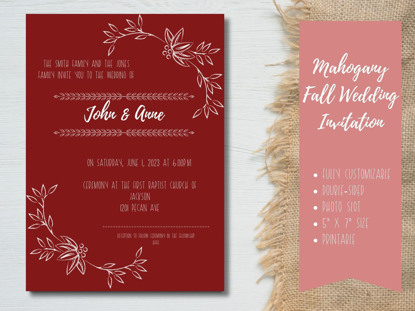 Personalized Autumn Wedding Invitation | Jewel Tone Mahogany with White Inscription & Photo Slot