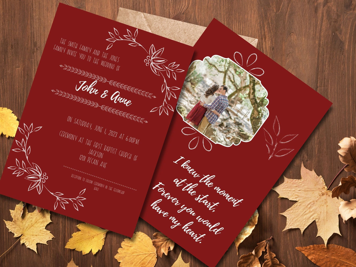 Personalized Autumn Wedding Invitation | Jewel Tone Mahogany with White Inscription & Photo Slot