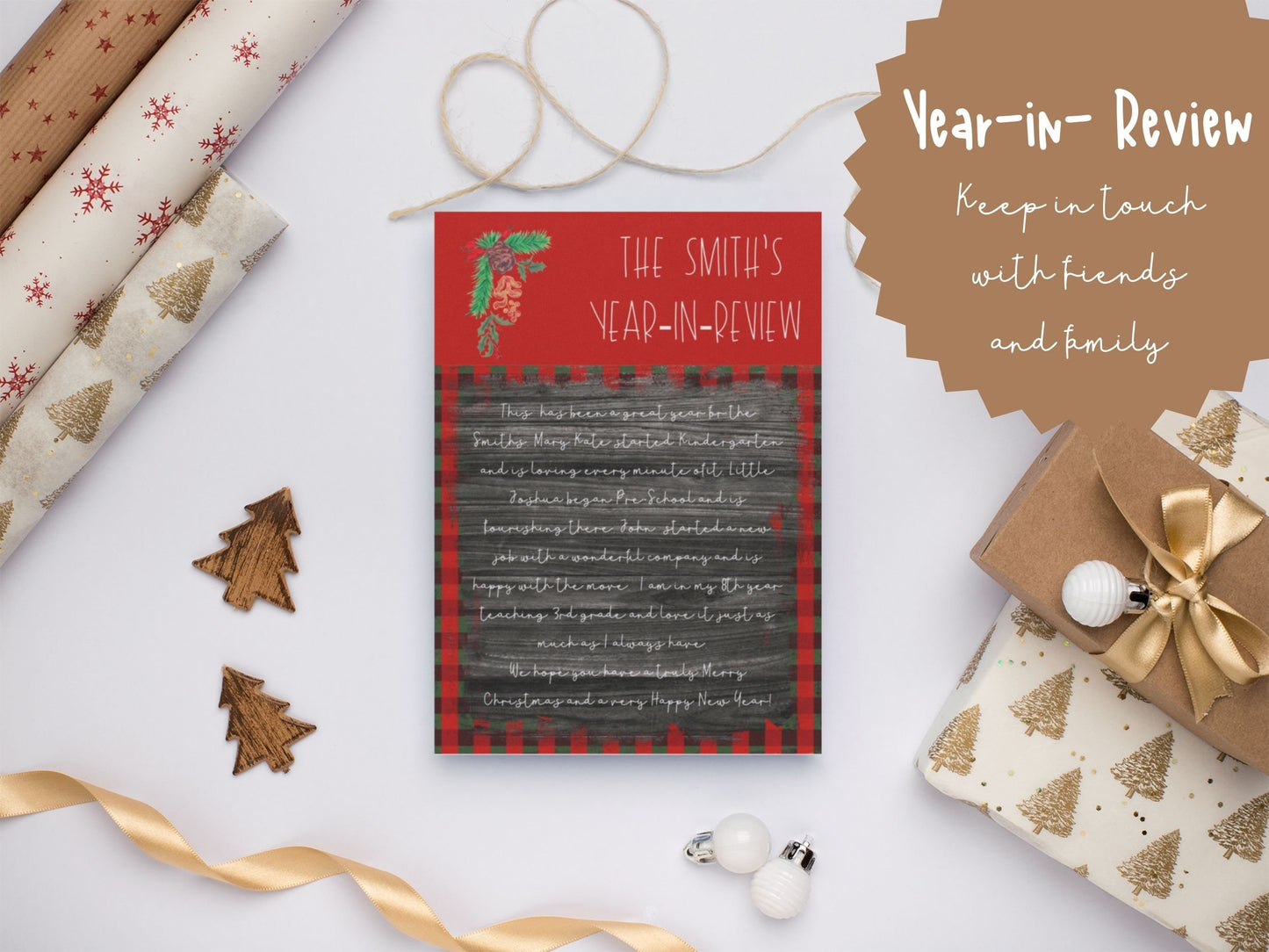 Plaid Rustic Wood Christmas Card, Double-Sided,Year in Review Christmas card, Photo Christmas Card Template