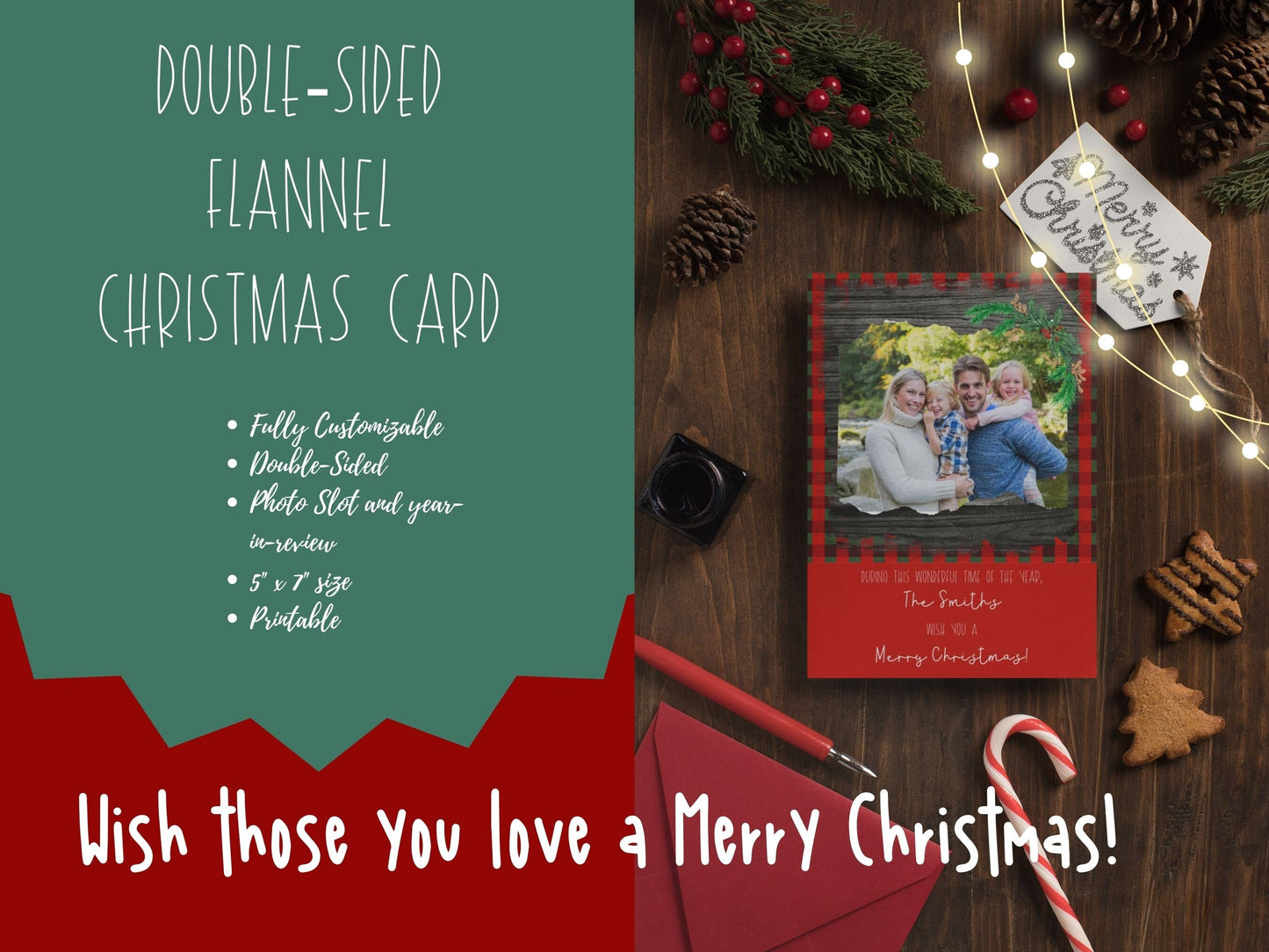 Plaid Rustic Wood Christmas Card, Double-Sided,Year in Review Christmas card, Photo Christmas Card Template