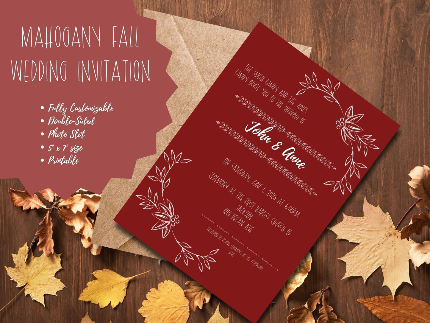 Personalized Autumn Wedding Invitation | Jewel Tone Mahogany with White Inscription & Photo Slot