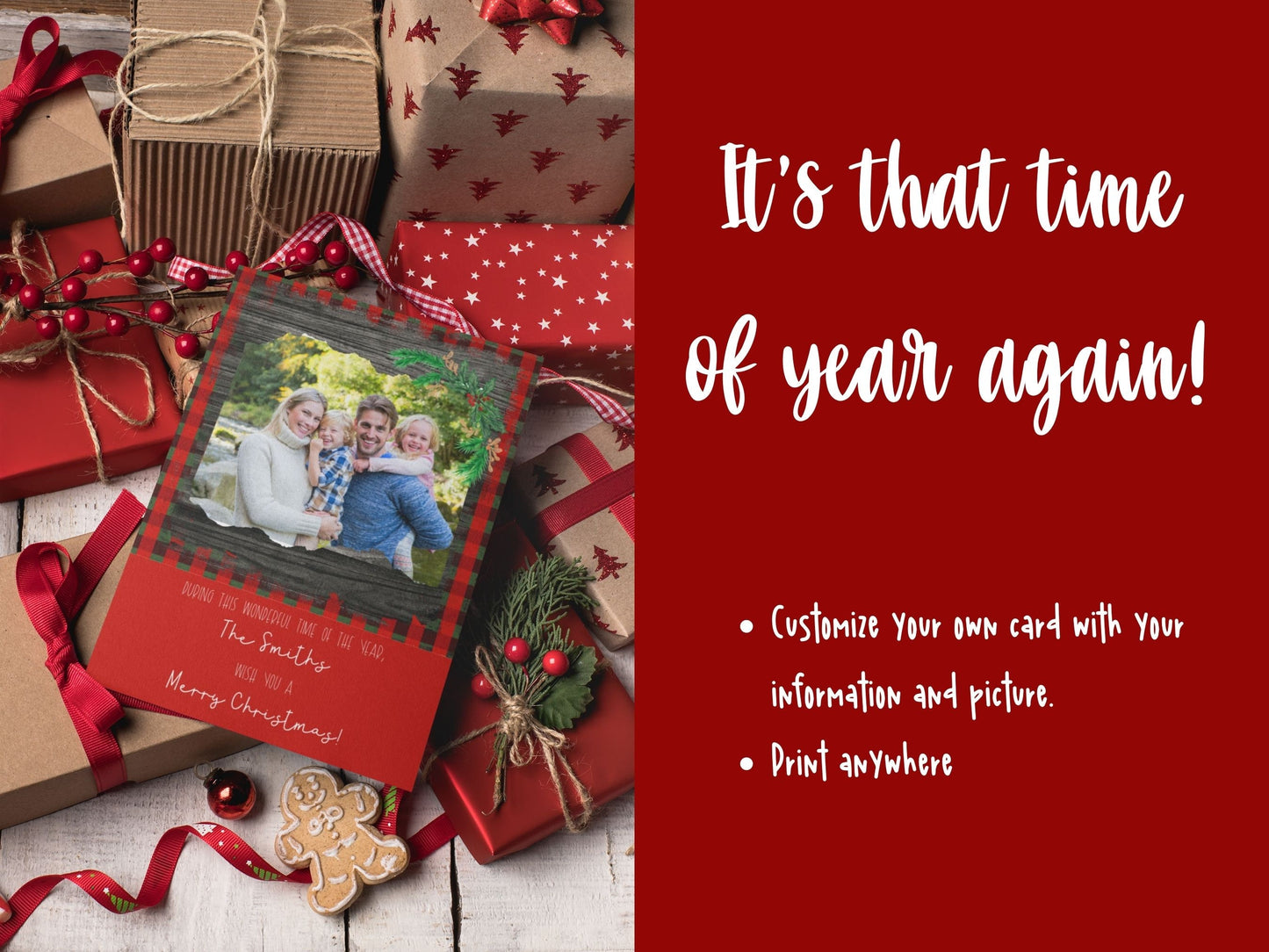 Plaid Rustic Wood Christmas Card, Double-Sided,Year in Review Christmas card, Photo Christmas Card Template