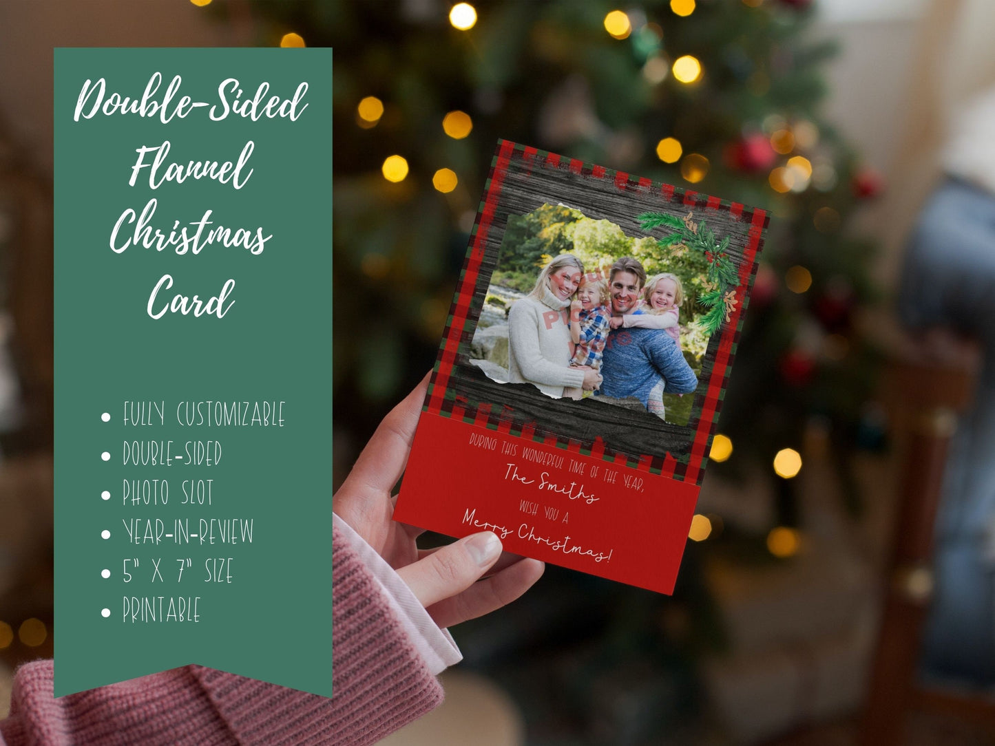 Plaid Rustic Wood Christmas Card, Double-Sided,Year in Review Christmas card, Photo Christmas Card Template