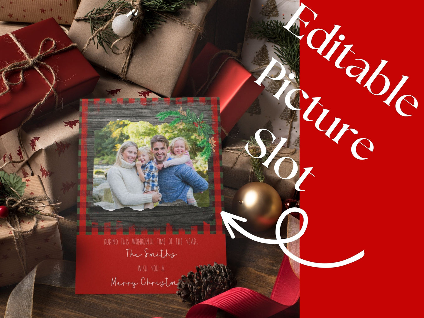 Plaid Rustic Wood Christmas Card, Double-Sided,Year in Review Christmas card, Photo Christmas Card Template