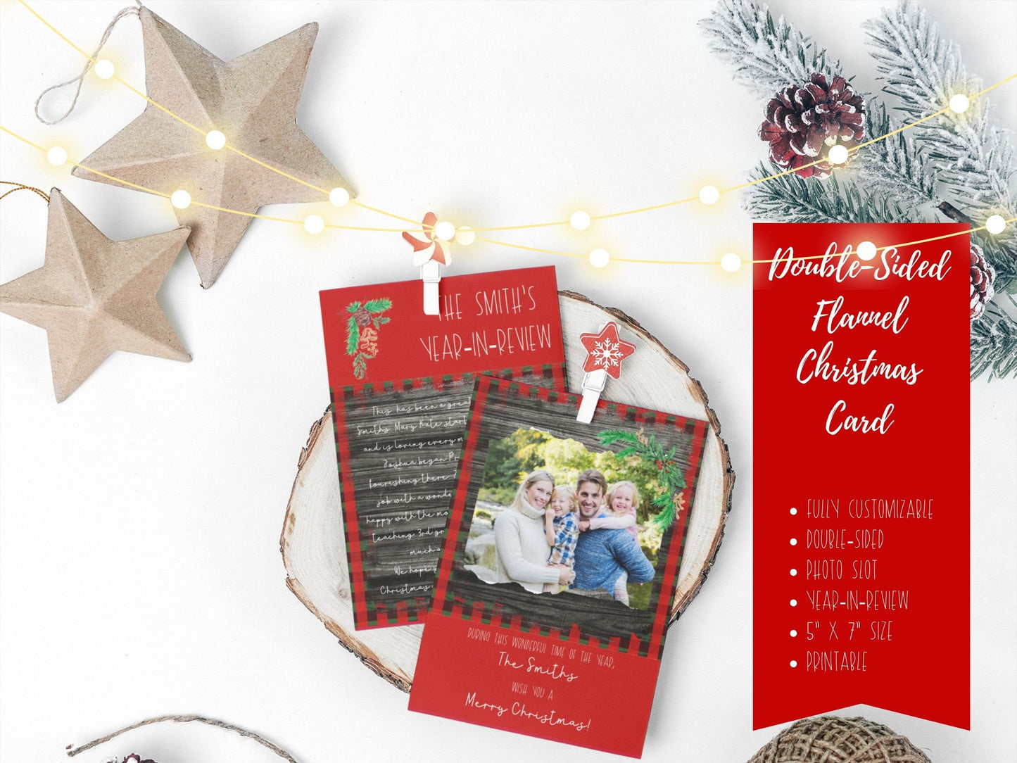 Customizable Plaid Rustic Wood Christmas Card, Double-Sided,Year in Review Christmas card, Photo Christmas Card Template