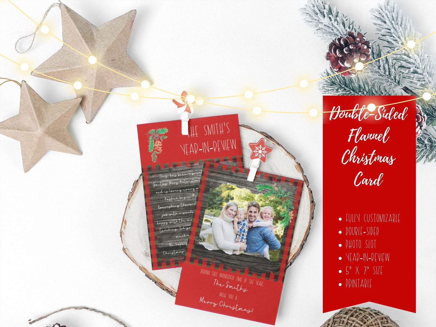 Plaid Rustic Wood Christmas Card, Double-Sided,Year in Review Christmas card, Photo Christmas Card Template