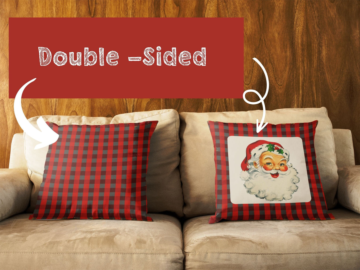 Christmas Plaid Pillow with Vintage Santa | Red and Black Plaid | Multiple Sizes