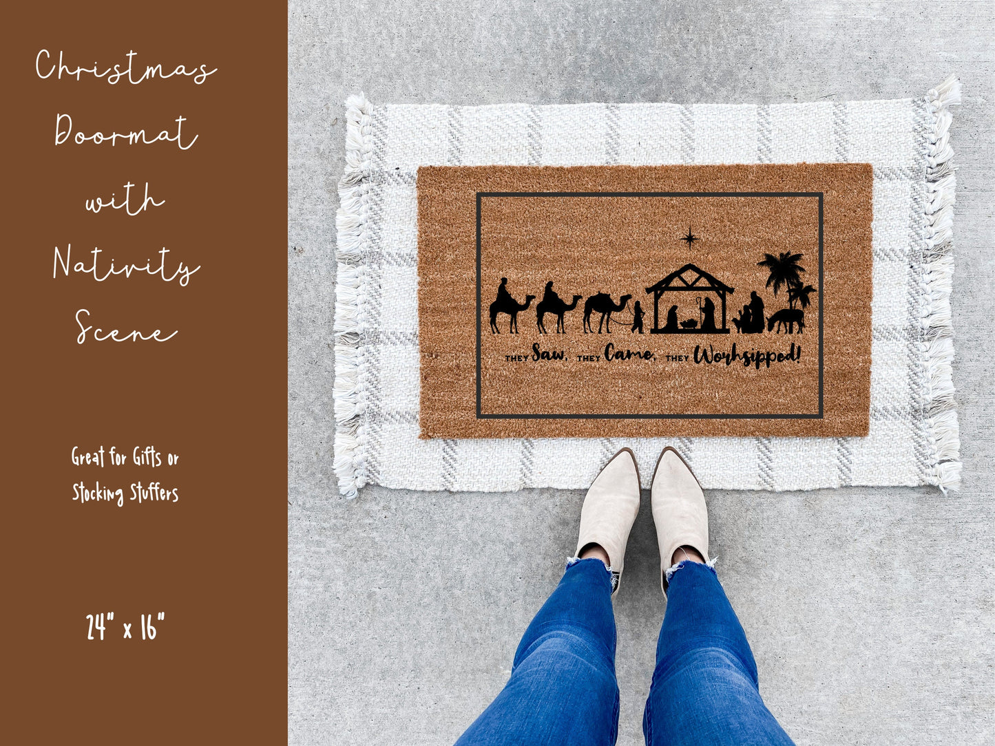 Outdoor Christmas Doormat: Nativity Scene Design on Durable Coir Rug, Front Porch Rug, Doormat Christmas