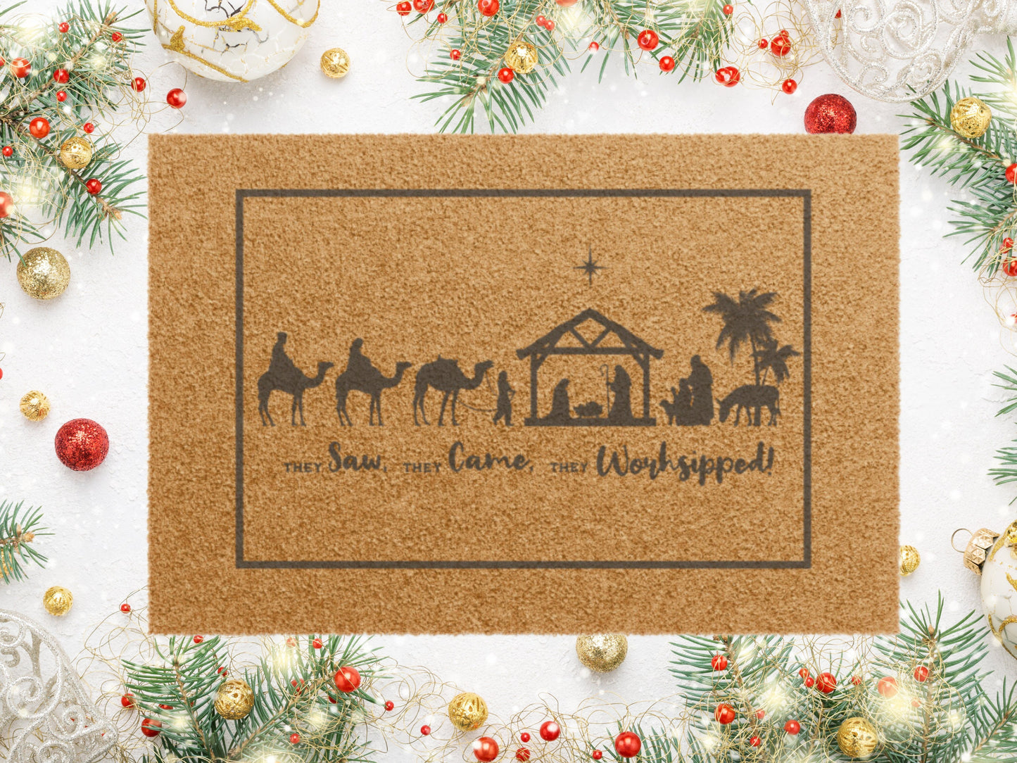 Outdoor Christmas Doormat: Nativity Scene Design on Durable Coir Rug, Front Porch Rug, Doormat Christmas