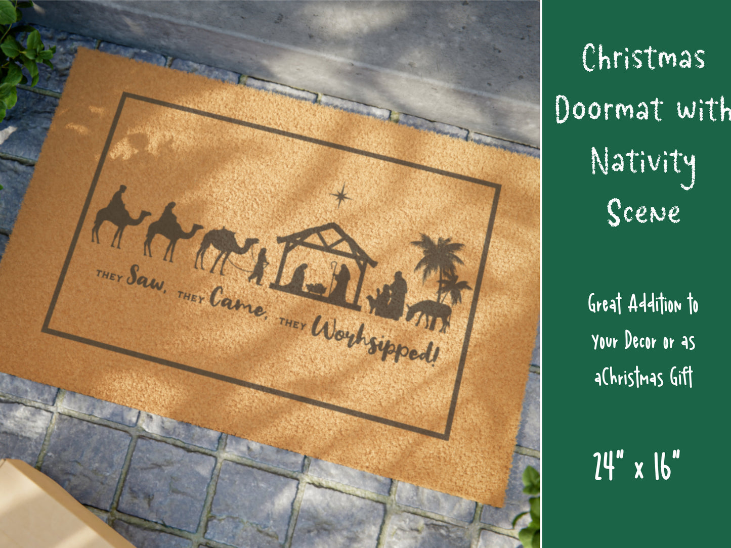 Outdoor Christmas Doormat: Nativity Scene Design on Durable Coir Rug, Front Porch Rug, Doormat Christmas