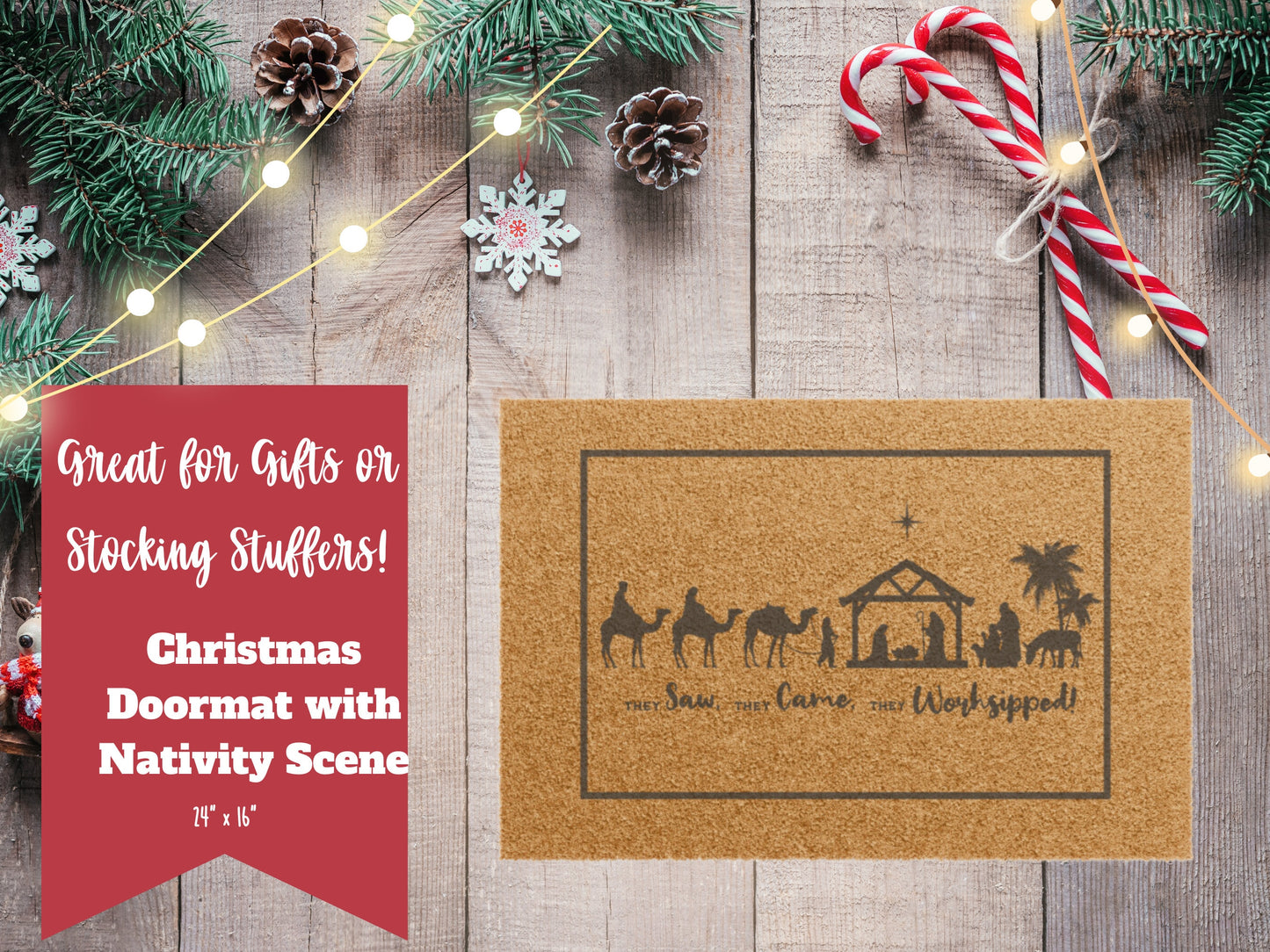 Outdoor Christmas Doormat: Nativity Scene Design on Durable Coir Rug, Front Porch Rug, Doormat Christmas