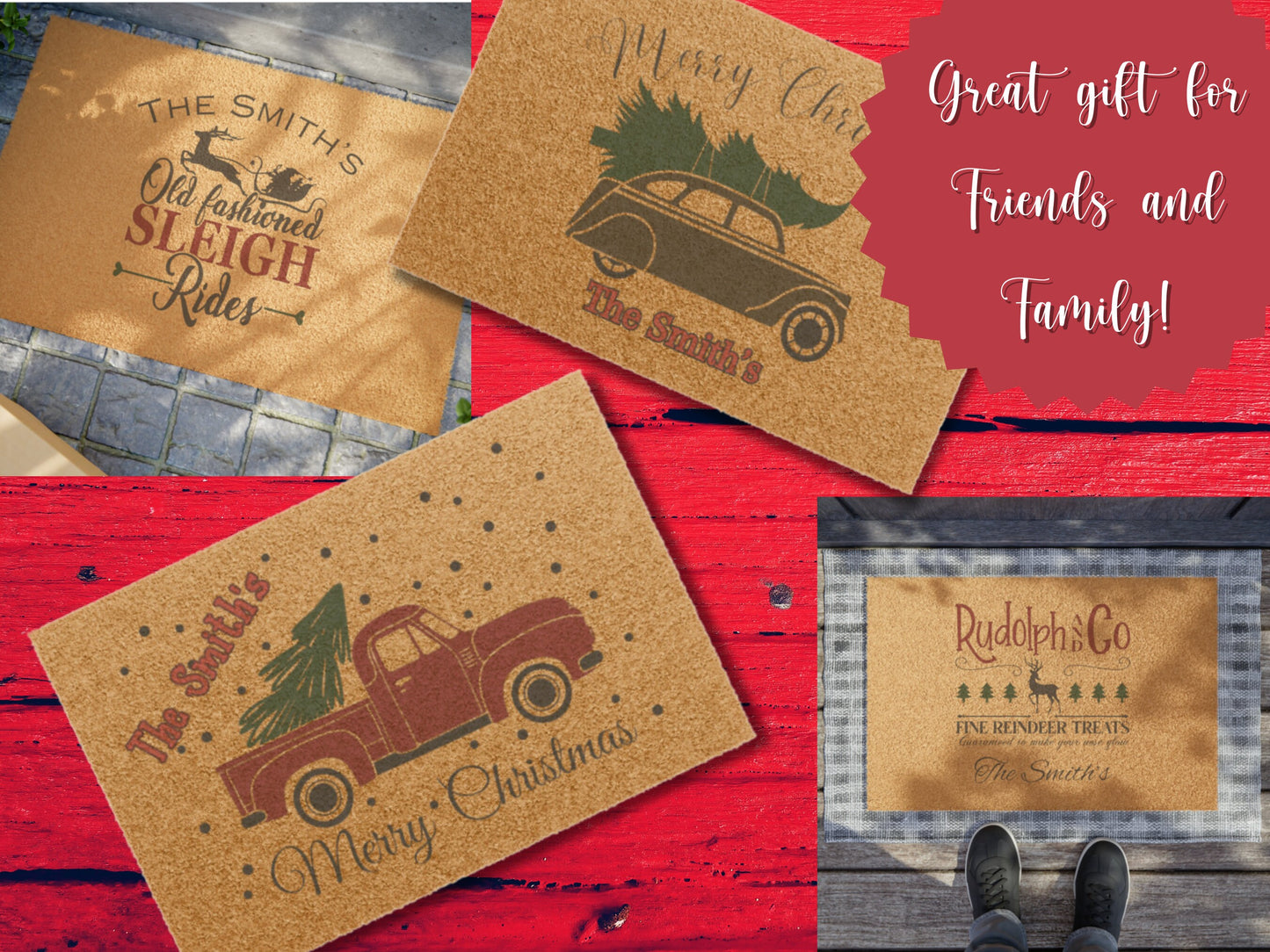 Christmas Doormat: Personalized Coir Mat with Vintage Car, Truck & Sleigh Designs, Custom Doormat, Merry Christmas Doormat