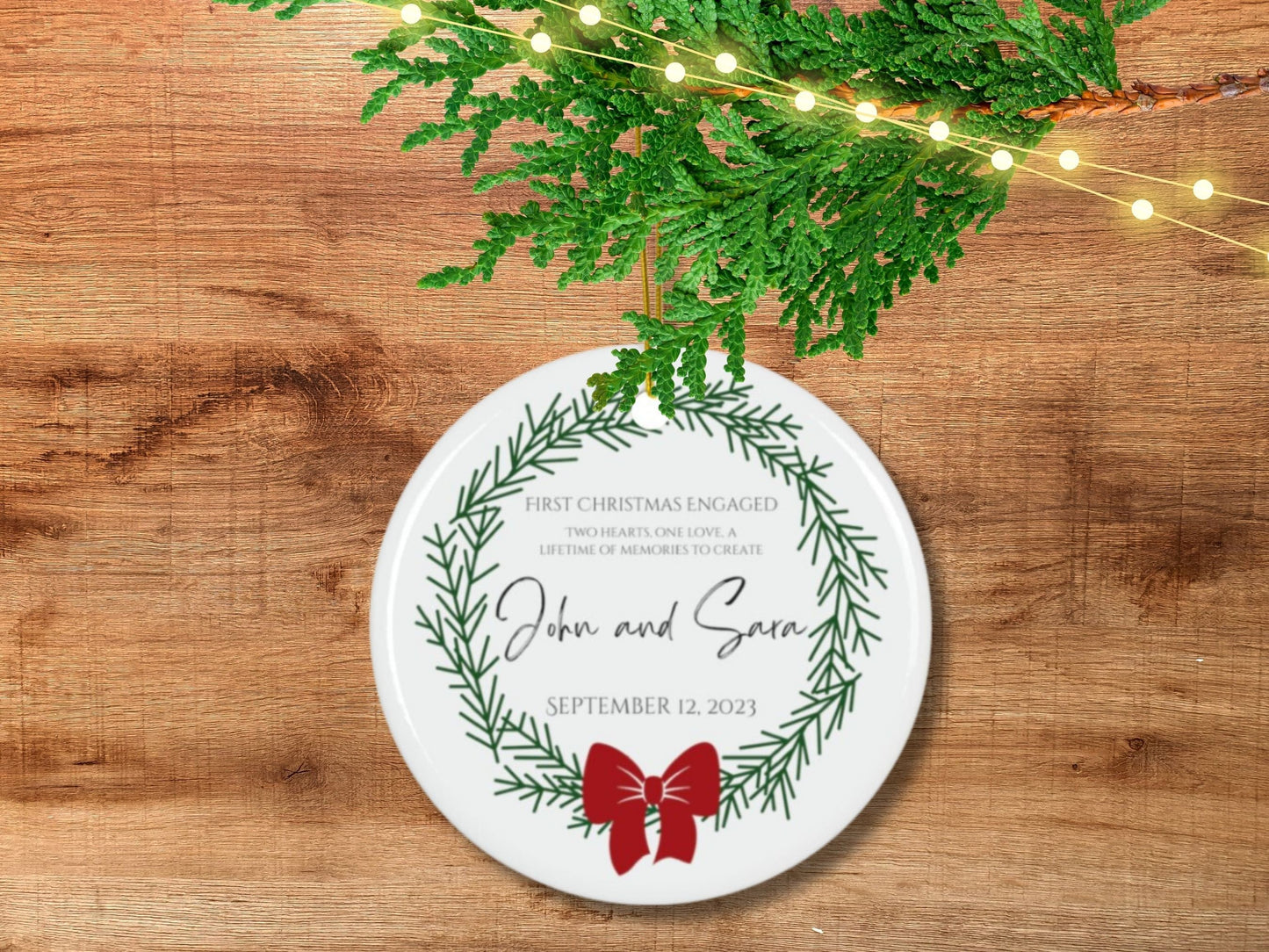 Personalized First Christmas Engaged Ornament - Ceramic Engagement Ornament with Red Bow Wreath