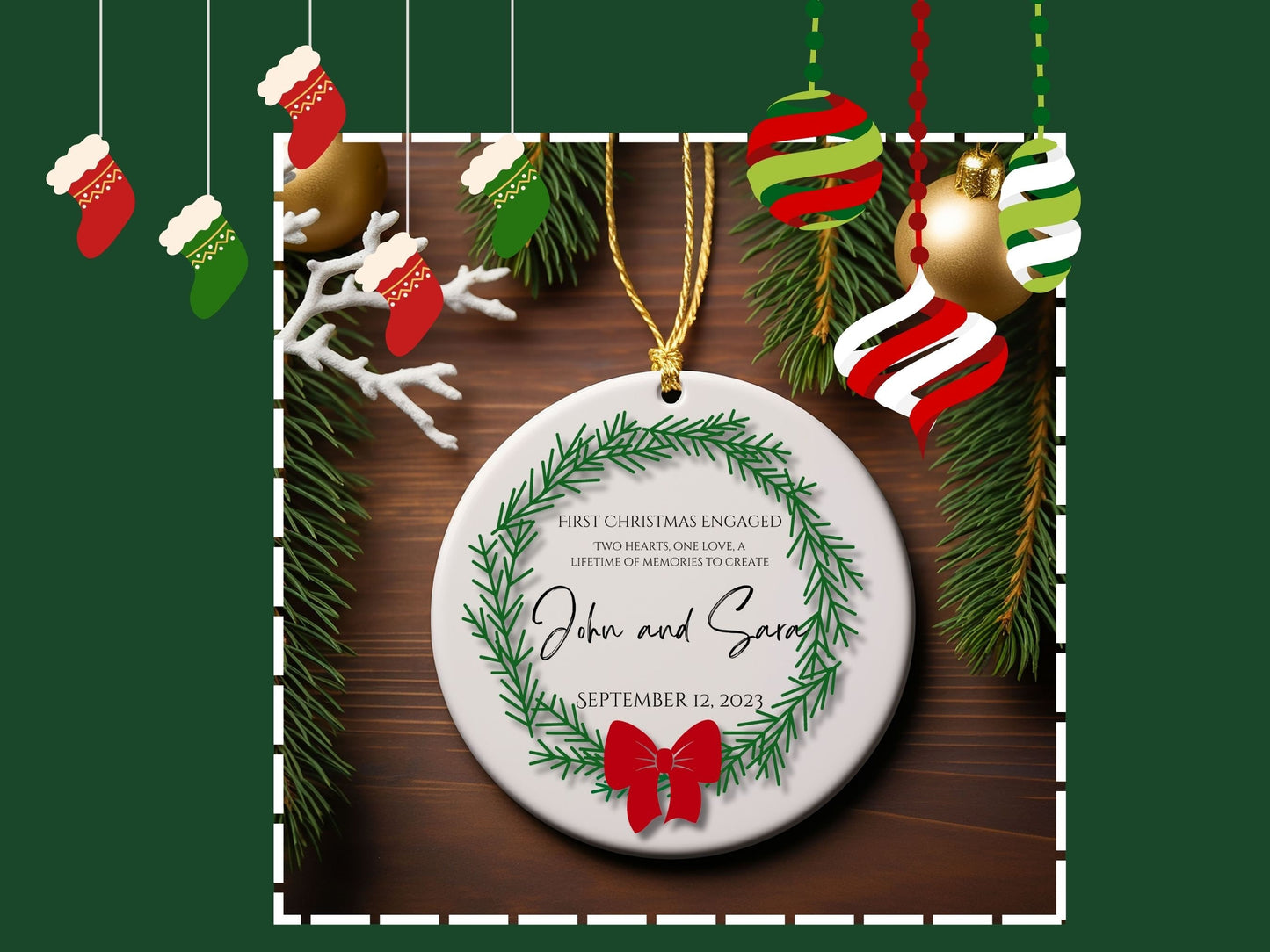 Personalized First Christmas Engaged Ornament - Ceramic Engagement Ornament with Red Bow Wreath